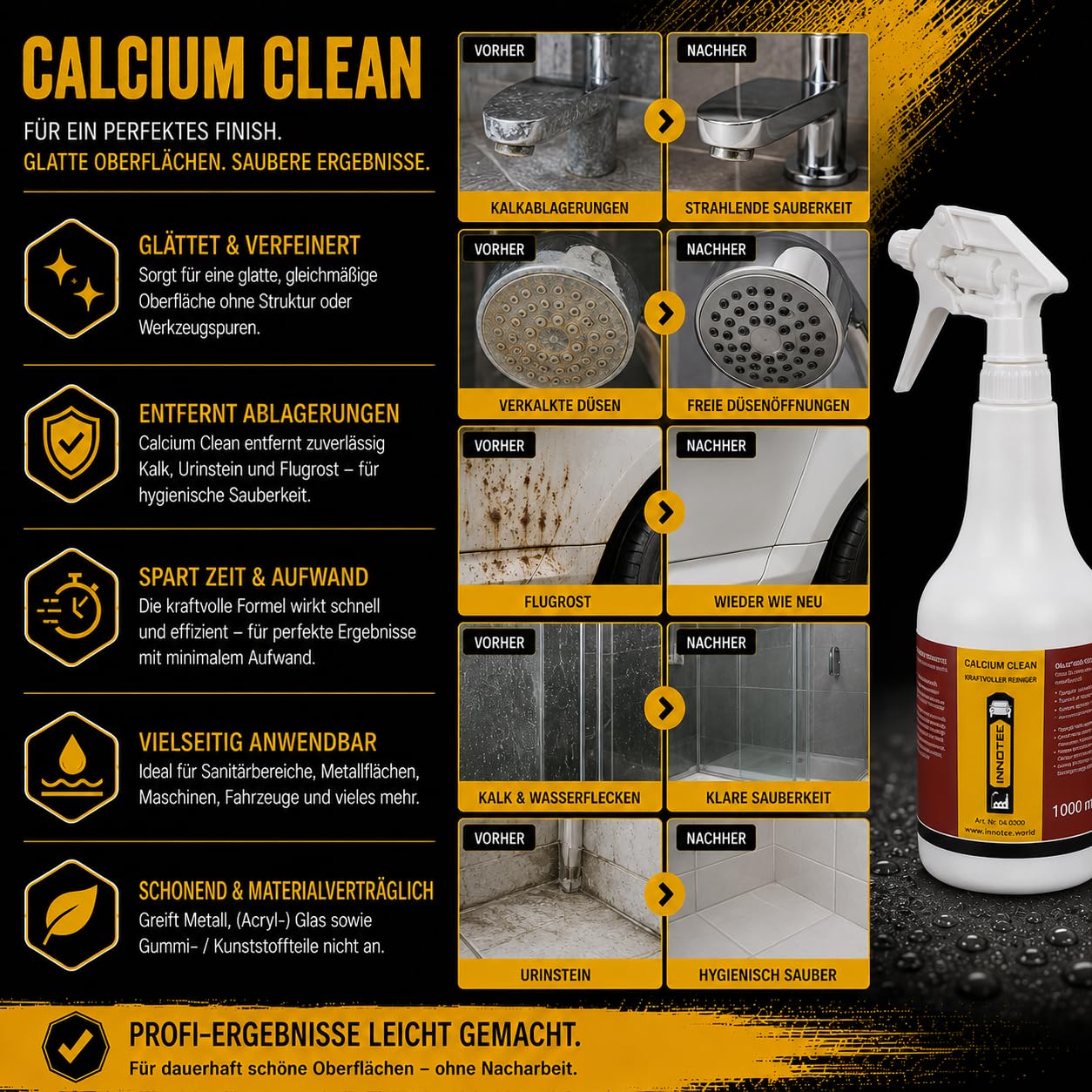 4 Stück Innotec Calcium Clean Kalk-/Flugrostentferner Kalklöser Kalkreiniger Entkalker Rostlöser - entfernt Flugrost, Urinstein, Kalk, Putz- und Zementschlieren - Lebensmitteltauglich -1L Sprühflasche