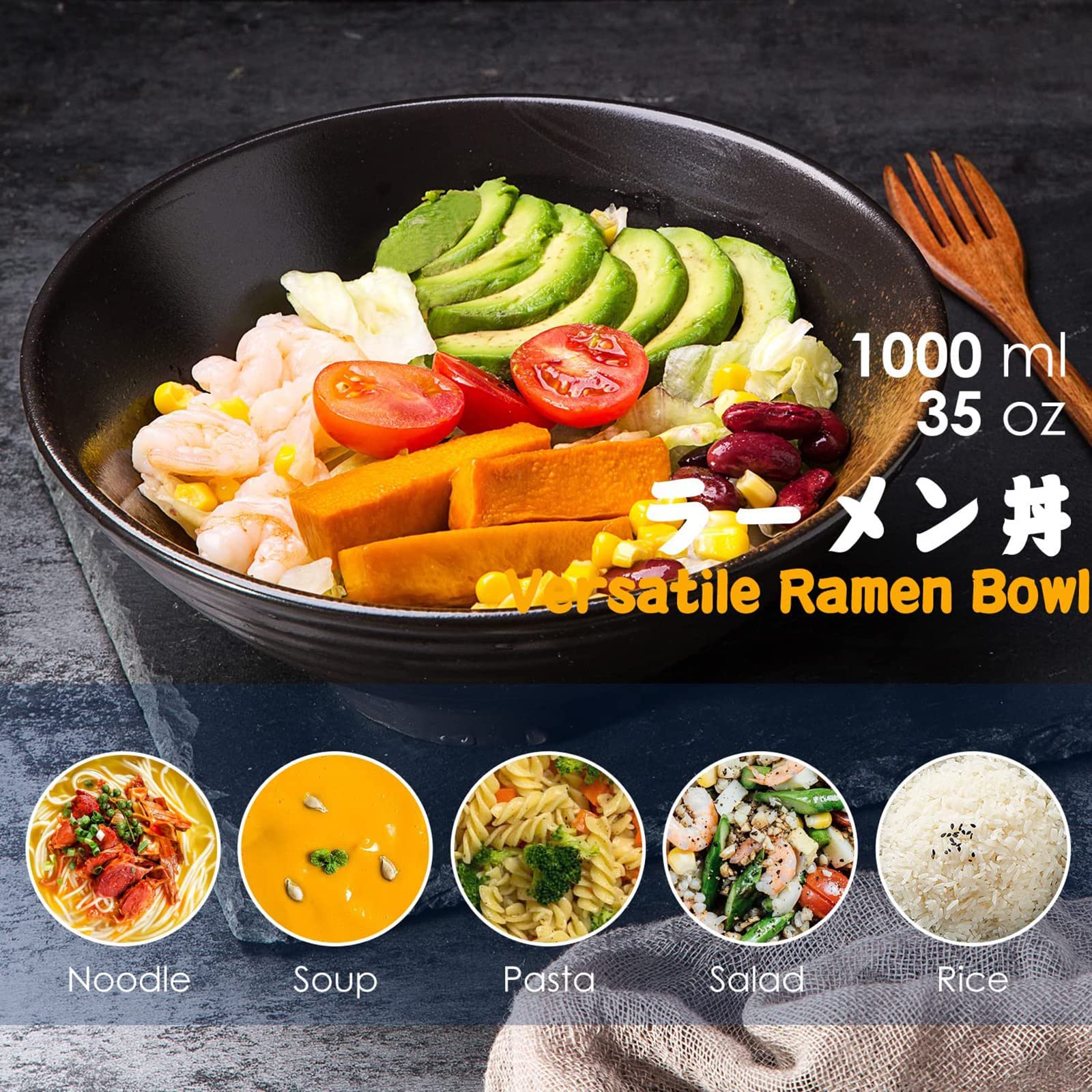 Keramik-Suppenschüssel-Set, 2×1000ml Ramen Bowl, Große Japanische Nudelschalen mit Löffel und Stäbchen, Traditionelles Asiatisches Geschirr Set, für Udon, Pasta, Pho, Soba, Müsli & Salat