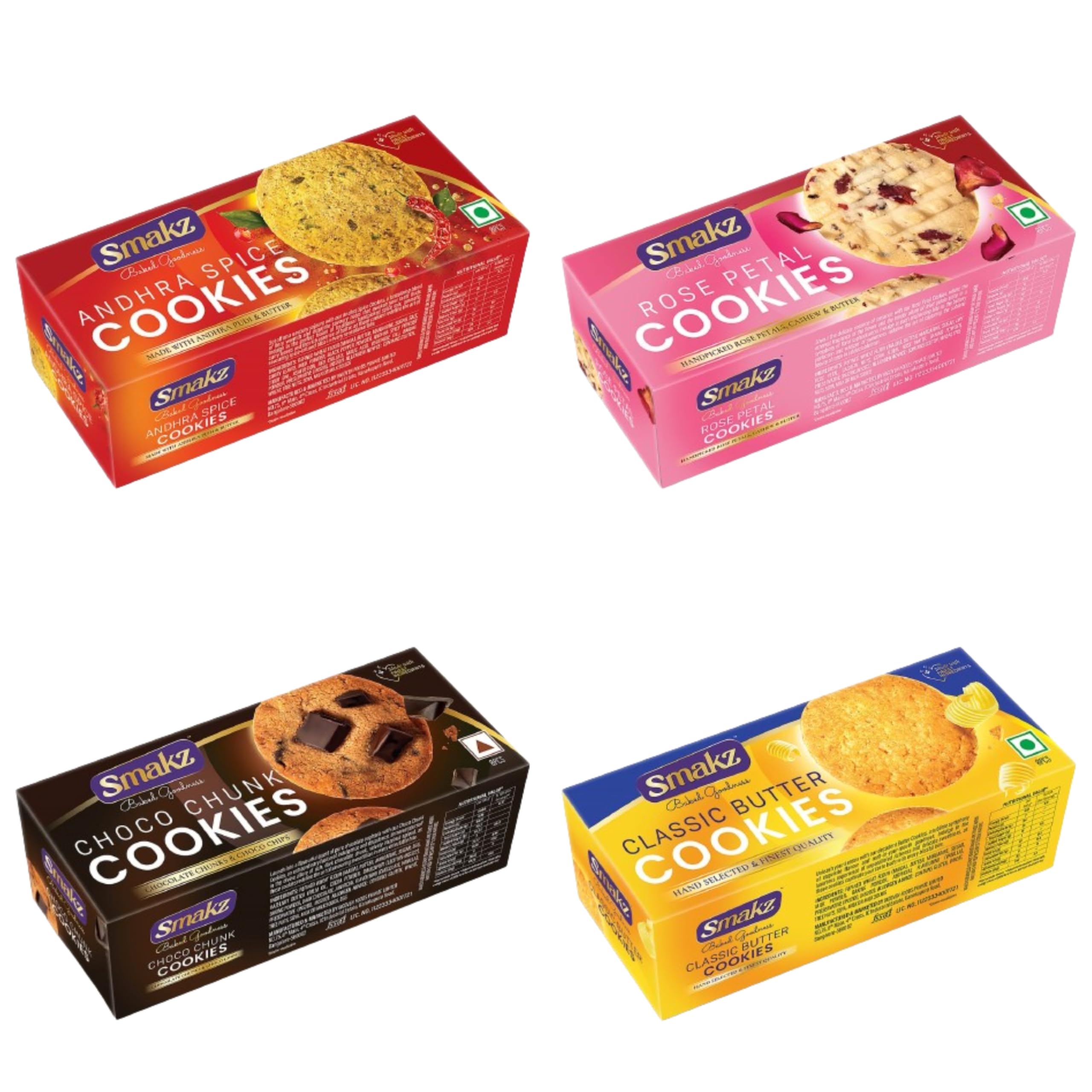 SMAKZ Variety Cookie Pack | Includes Choco Chunk, Andhra Spice, Classic Butter, and Rose Petal Cookies | 75g Each (Pack of 4) (B0D9Y5ZG8P) Amazon Price History, Amazon Price Tracker