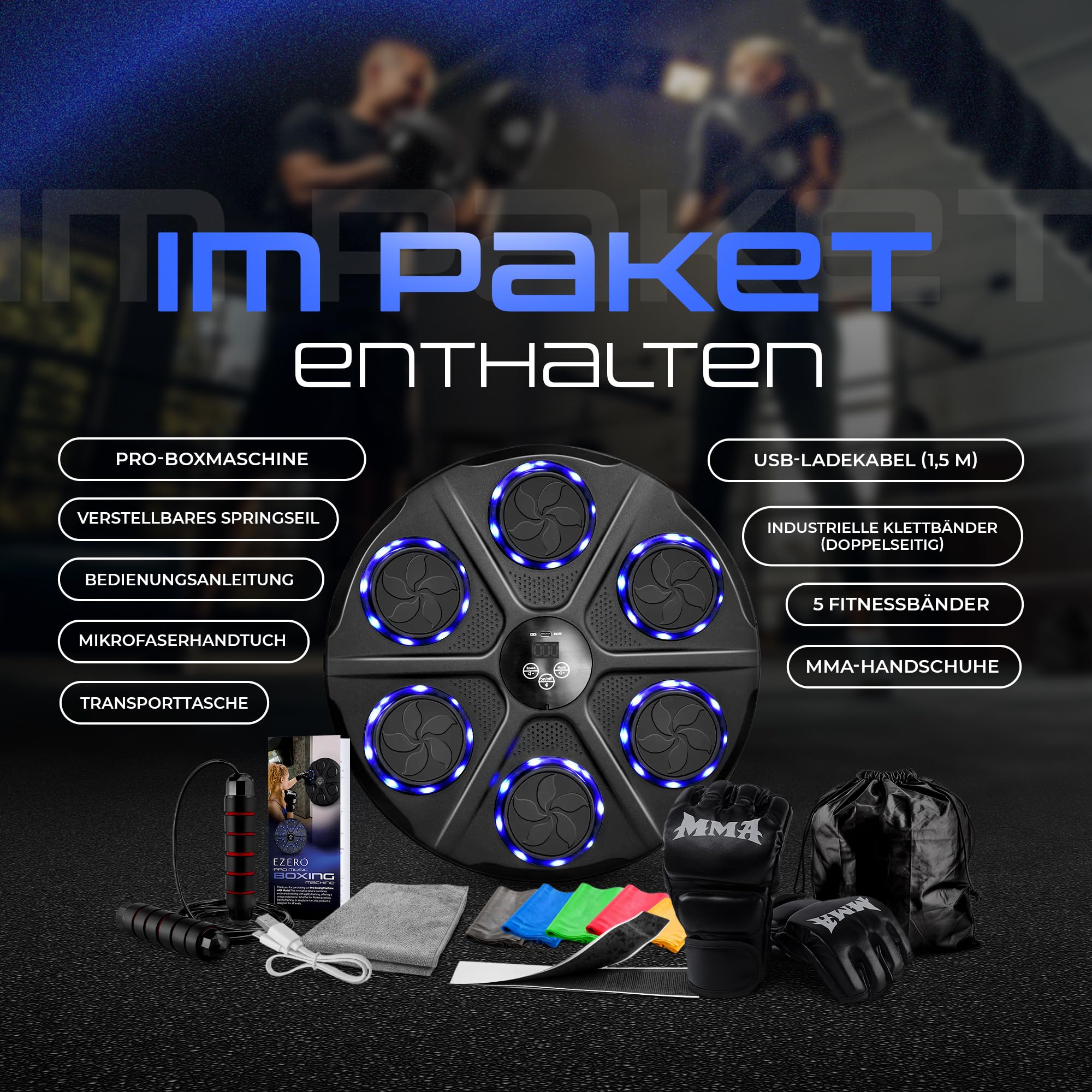 Ezero Smart Music Boxing Machine 12 Stufen, Bluetooth mit Boxhandschuhe, Springseil Boxen, Handtuch, Fitnessbänder und Tragetasche - Boxautomat mit Boxing Gloves - Boxmaschine mit Musik - Musikboxen