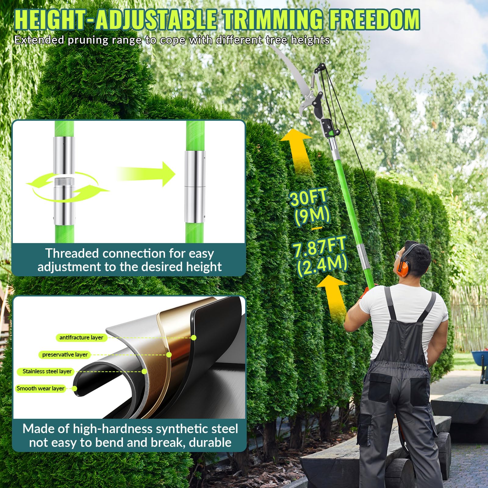 Scie à Élaguer Télescopique, Scie avec Manche Télescopique 9m,Coupe Branche Telescopique,Outils de Jardin pour Palmiers, Arbustes et Grands Arbres