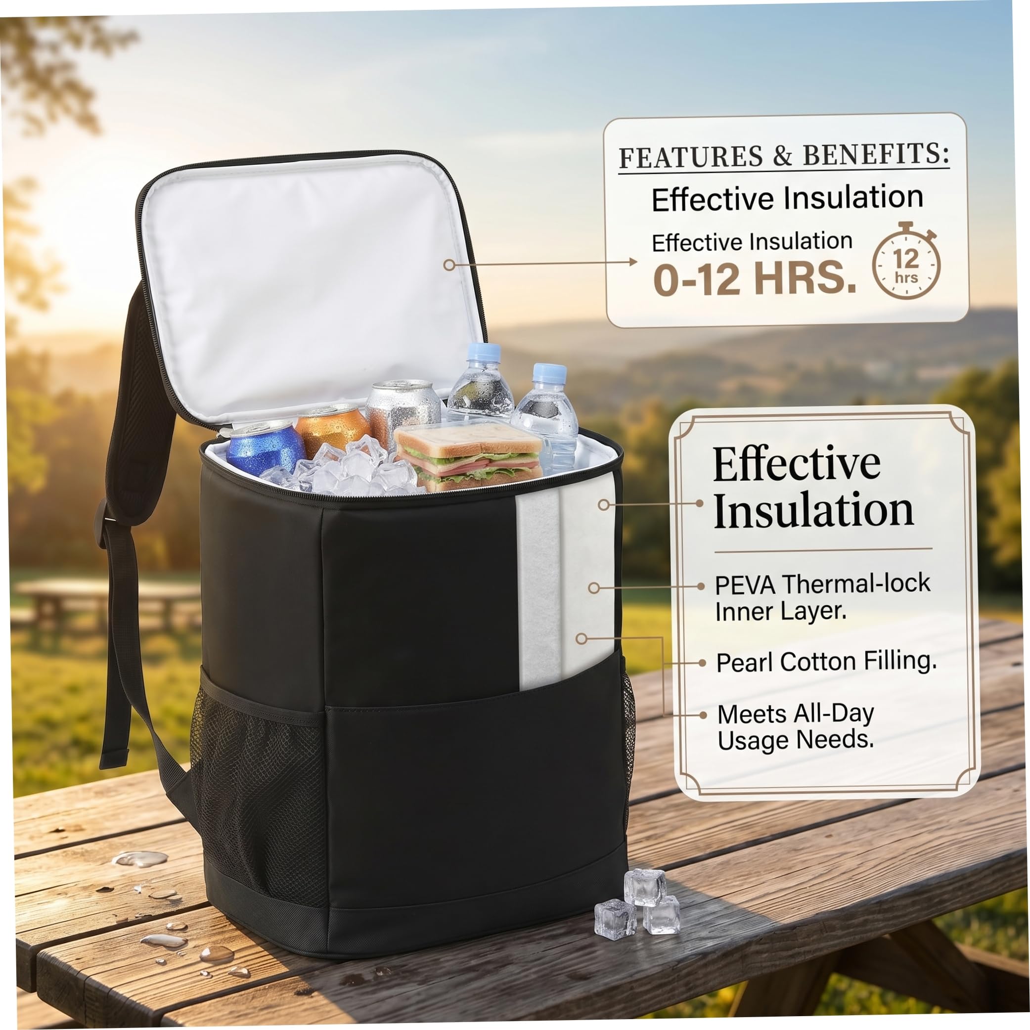 Mochila térmica con aislamiento, 15 l, a prueba de fugas, impermeable, bolsa para 20 latas con múltiples bolsillos para camping, senderismo, playa, compras, color gris