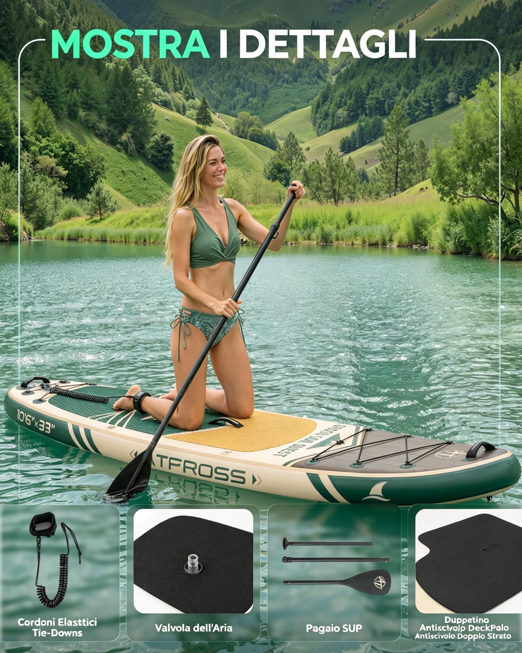 Tavola SUP Gonfiabile con Accessori, 2 Persone | 320 × 84 cm Extra Larga, Portata 200 kg, Stabile e Antiscivolo Per Mare e Surf