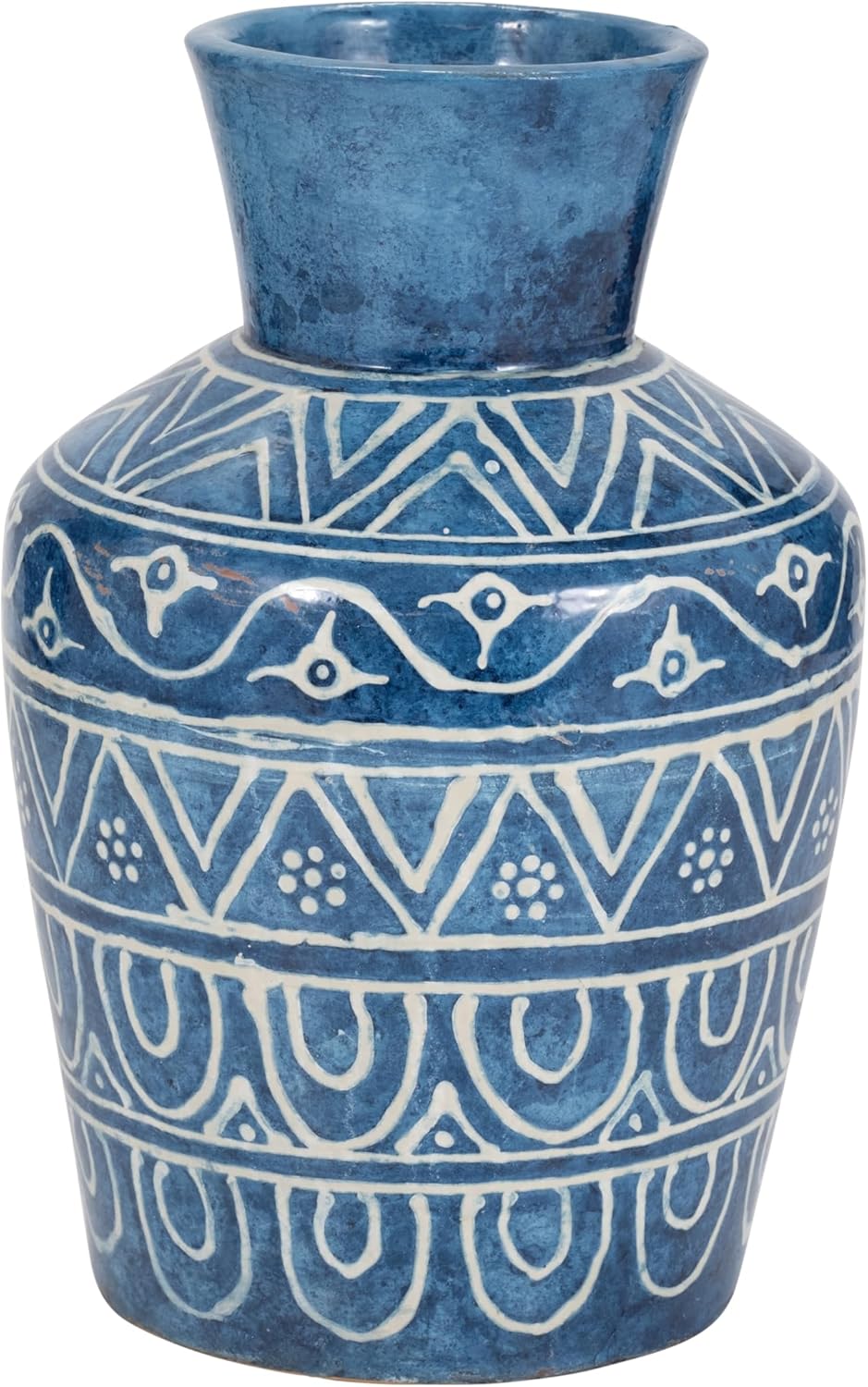 Sagebrook Home Terracotta Decorative Vase - Handcrafted Pottery with Geometric Pattern - Ceramic Home Accent for Living Room, Bedroom, Office - Rustic Boho Style - 12" Blue