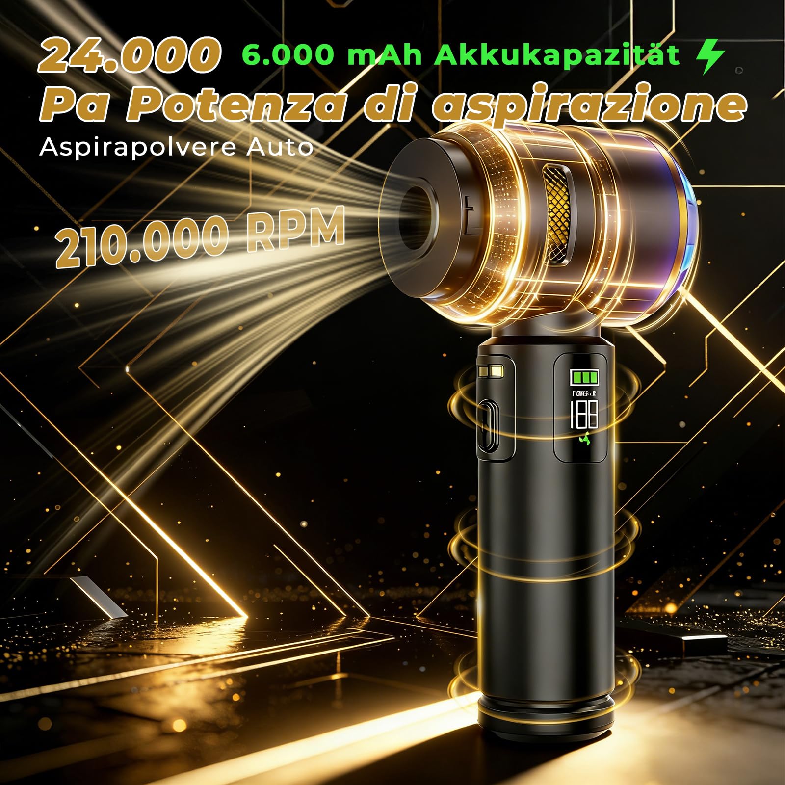 HOVIN Aspirabriciole Senza Fili, 24000Pa Aspirapolvere Auto Portatile, Aspiratore e Soffiatore con Motore Brushless, per la cucina, l’automobile, la casa, i peli di animali (Nero e oro)