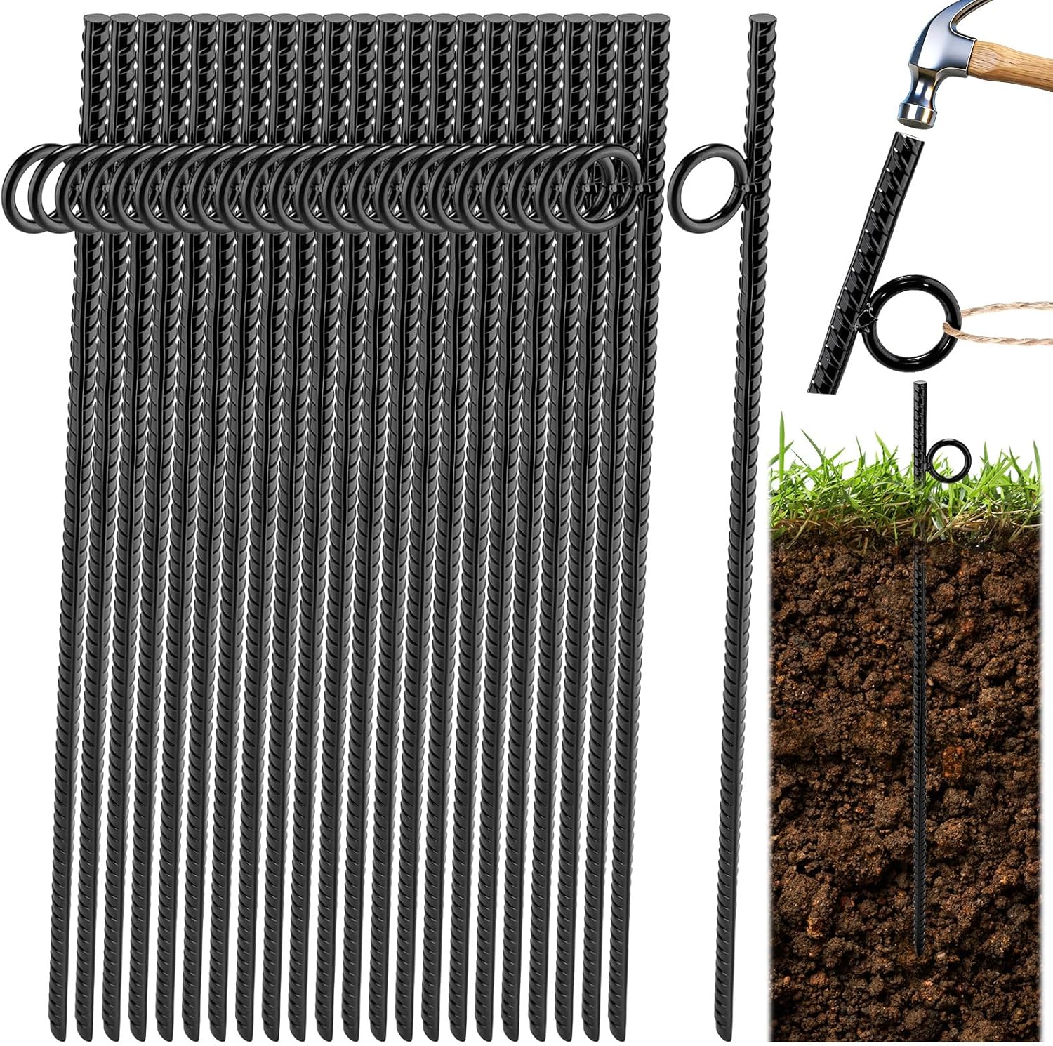 24 Pack 17 Inch Rebar Stakes with Loop, Heavy Duty Ground Anchor Black Steel Ground Stake, Reusable Tent Rebar Tent Stakes for Sheds Outdoor Camping Walkway Fence Canopies