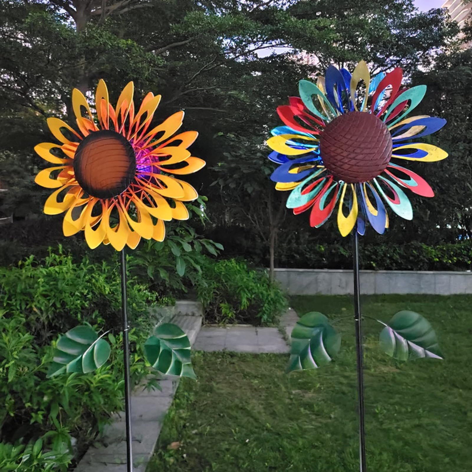 210cm Mulino a Vento in metallo girasole,Girandole a vento con illuminazione a LED a energia solare,Girandole Cinetiche con palo da giardino, decorazioni da giardino, sculture a vento e girandole