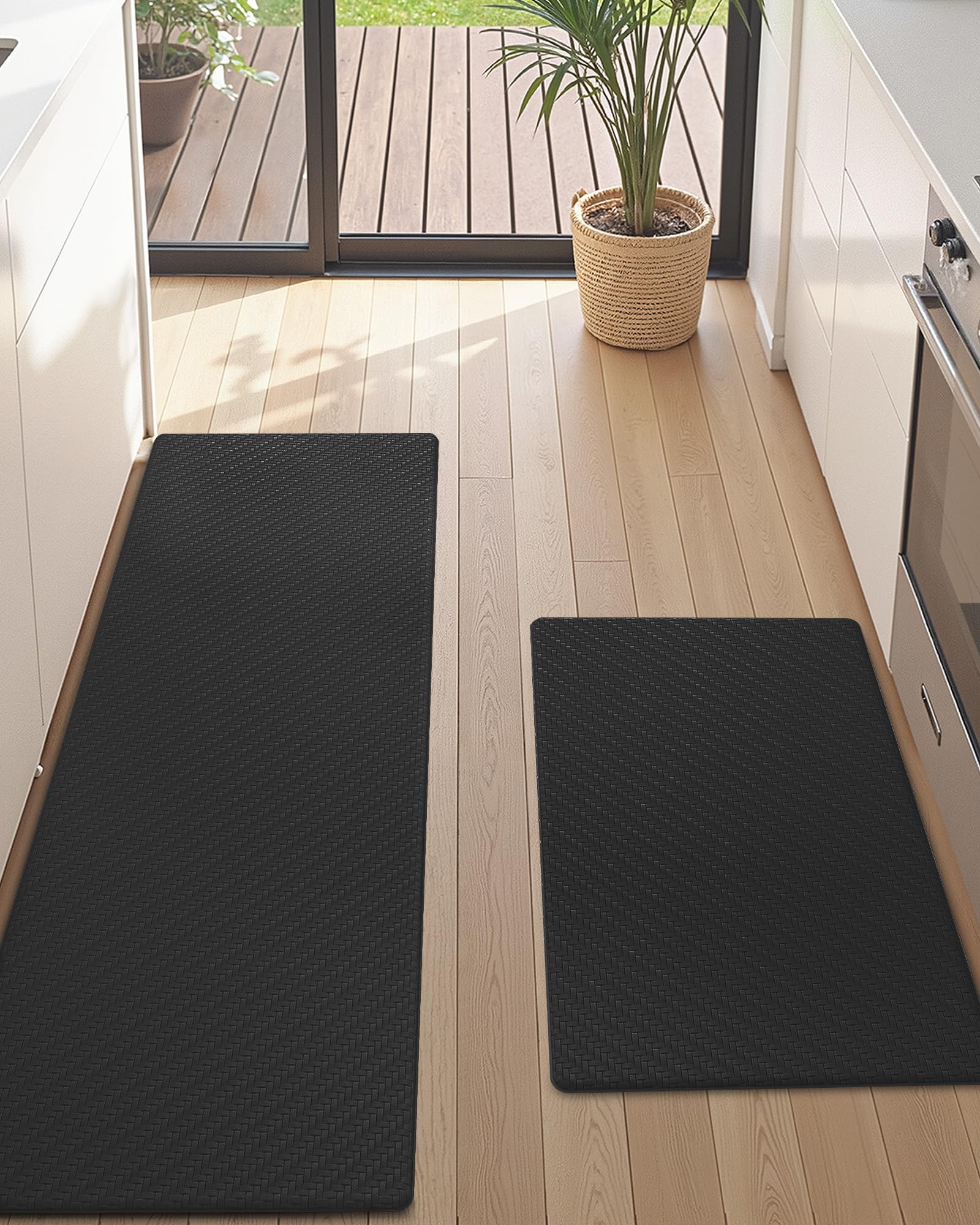 Color&Geometry Lot de 2 tapis de cuisine rembourrés anti-fatigue, antidérapants, imperméables, rembourrés en mousse pour évier, bureau, 43,2 x 73,7 cm + 43,2 x 150 cm, noir