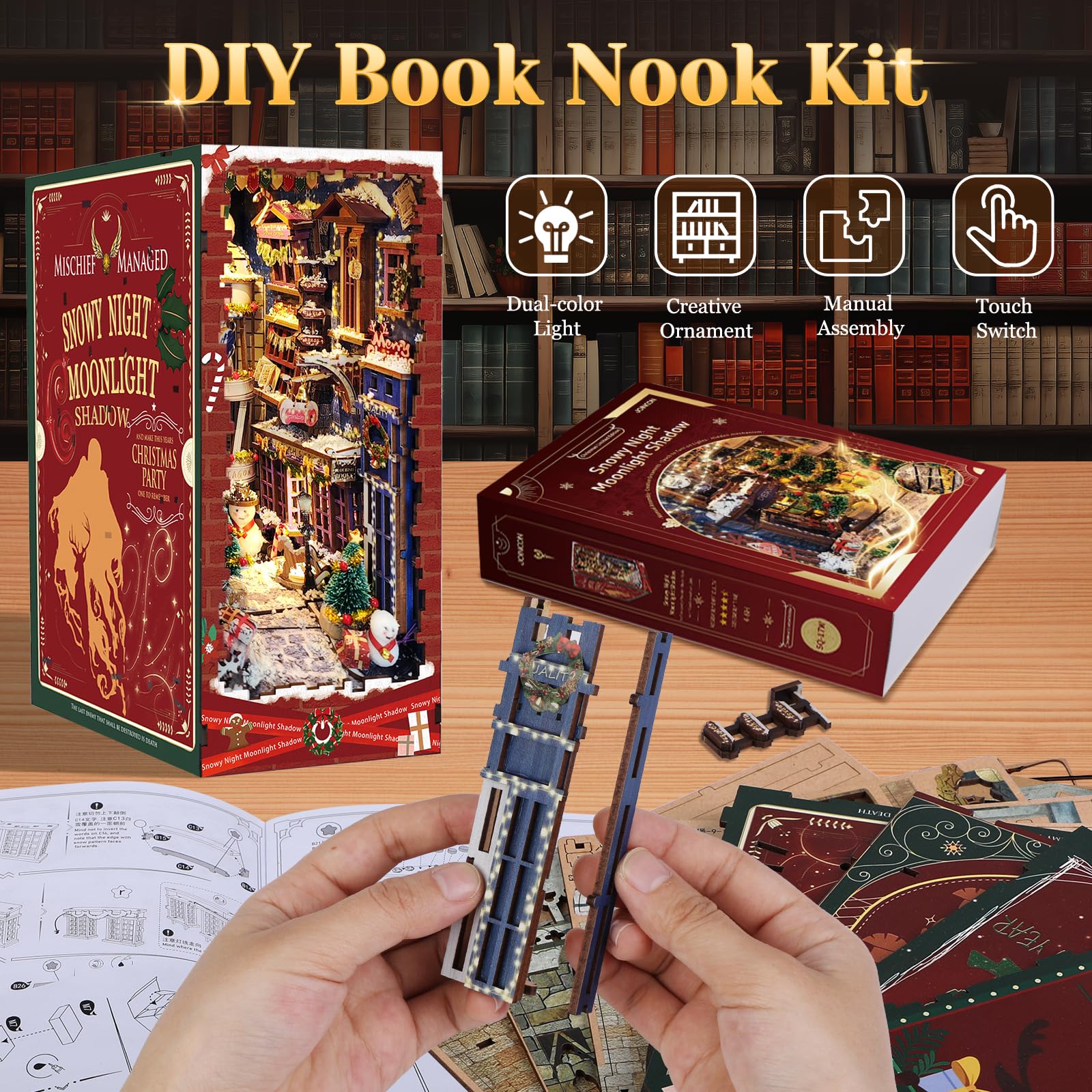 Quanquer Kit fai da te Book Nook – Kit per casa delle bambole fai da te in miniatura con mobili e luce LED, 3D puzzle fermalibri in legno, kit di modelli per adulti da costruire