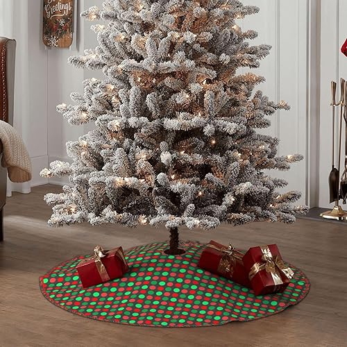 Miniatura 7 de Falda de árbol de Navidad de 30 pulgadas, lunares verdes y rojos en lino gris oscuro, falda de árbol de Navidad para fiestas de vacaciones,