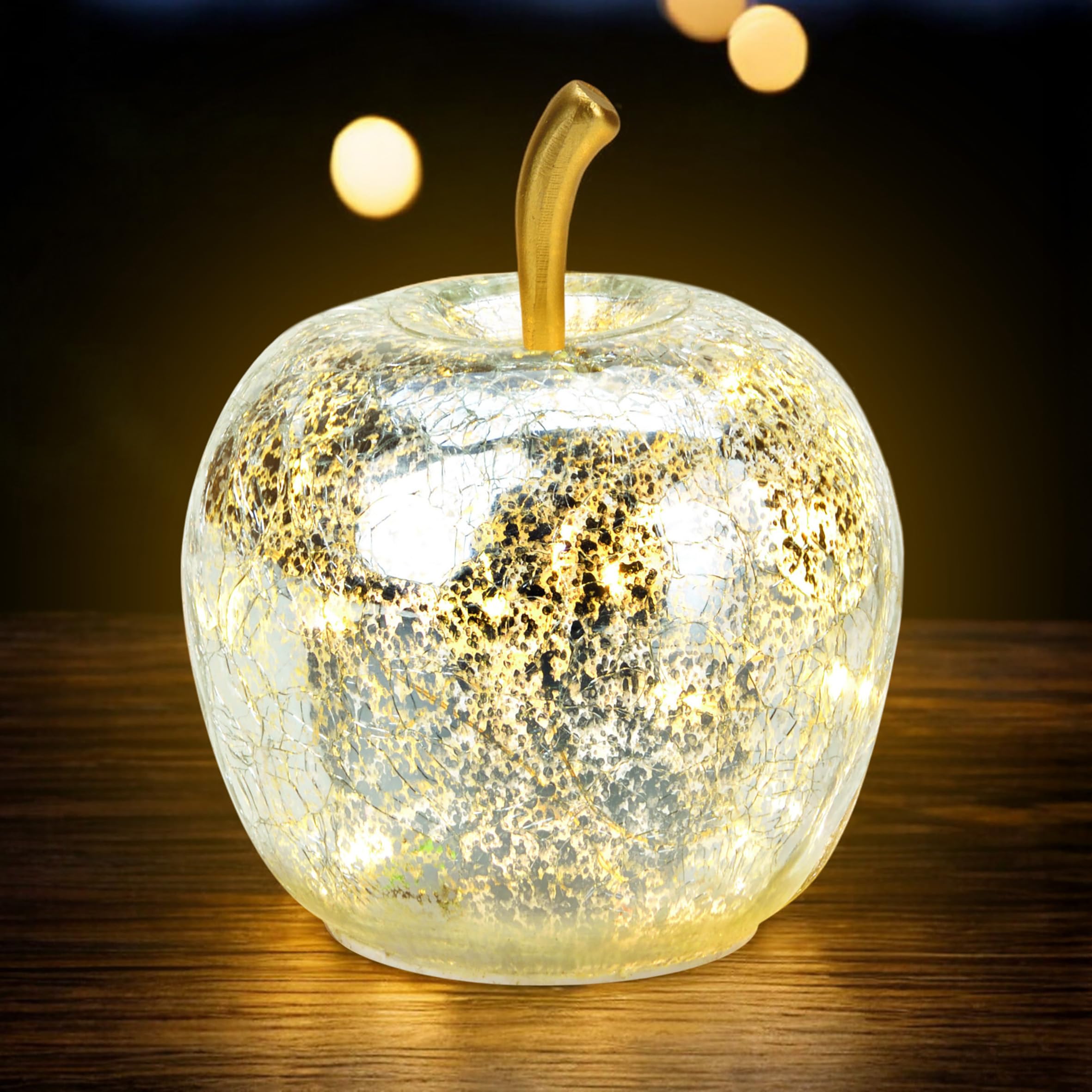 Spetebo LED Crackle Glas Apfel 11 cm - silber - Deko Frucht in Bruchglas Optik - Tisch Lampe Leuchte mit Drahtlichterkette Batterie betrieben mit Timer