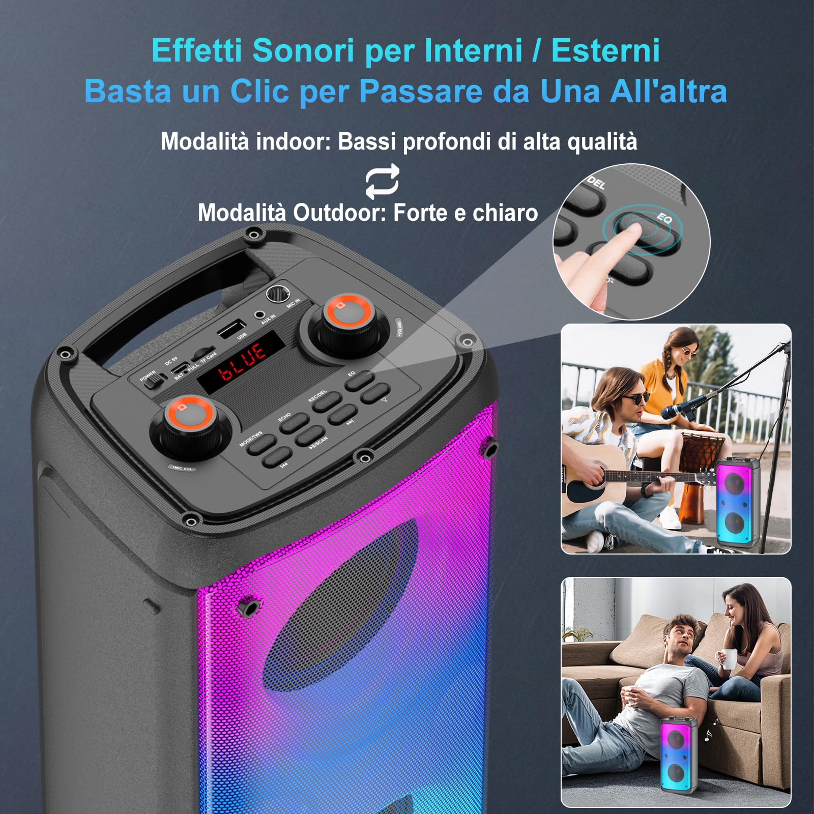 Altoparlante Bluetooth, altoparlanti da esterno con potenza di picco 80 W, altoparlanti wireless Bluetooth portatili per feste con subwoofer, luci LED colorate per la casa e il campeggio