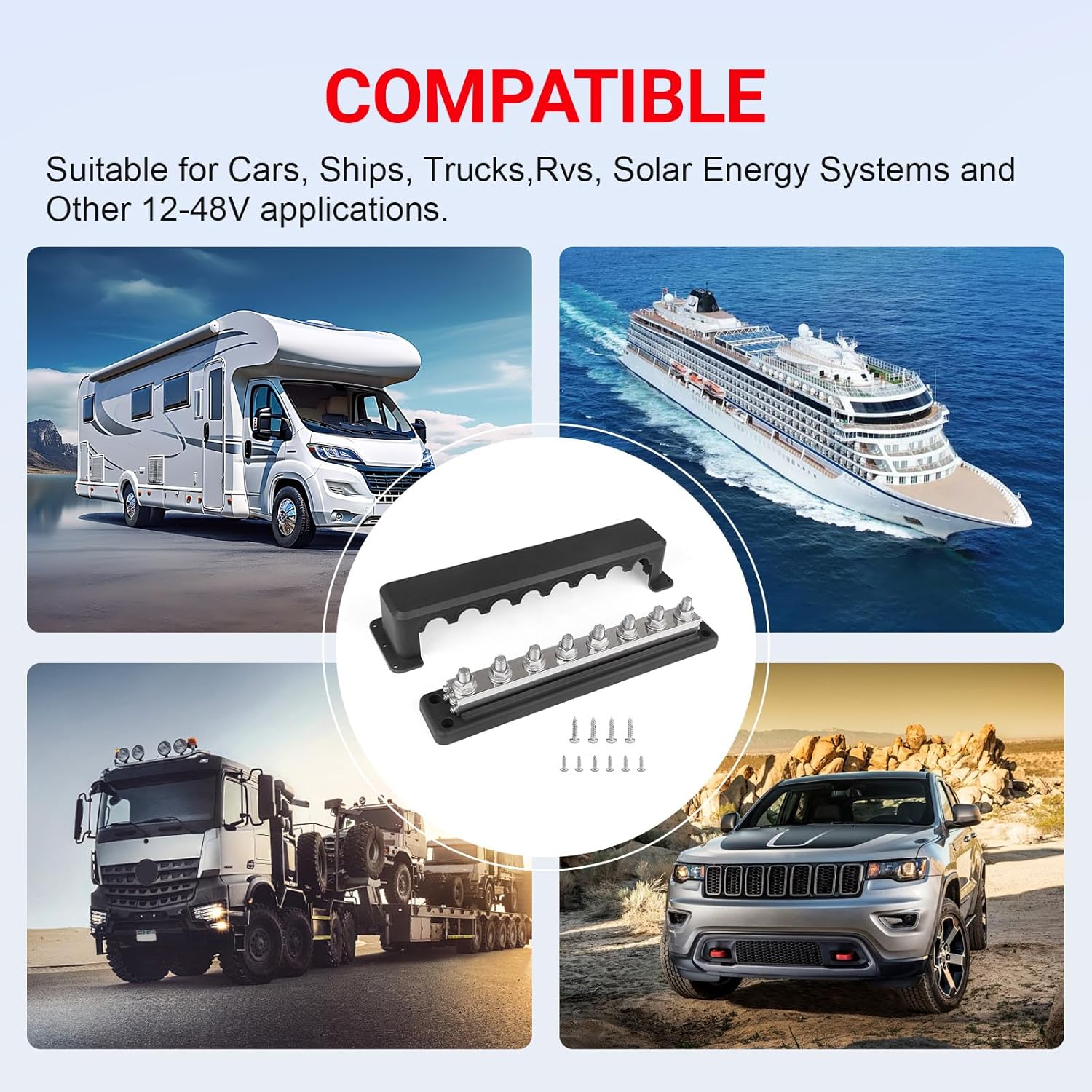 600A Heavy Duty Power Distribution Block with Cover 8 x 3/8" (M10) Studs Bus Bar Terminal Block, High Current Busbar 12-48V DC Busbar Box for Automotive RV Boat, Black
