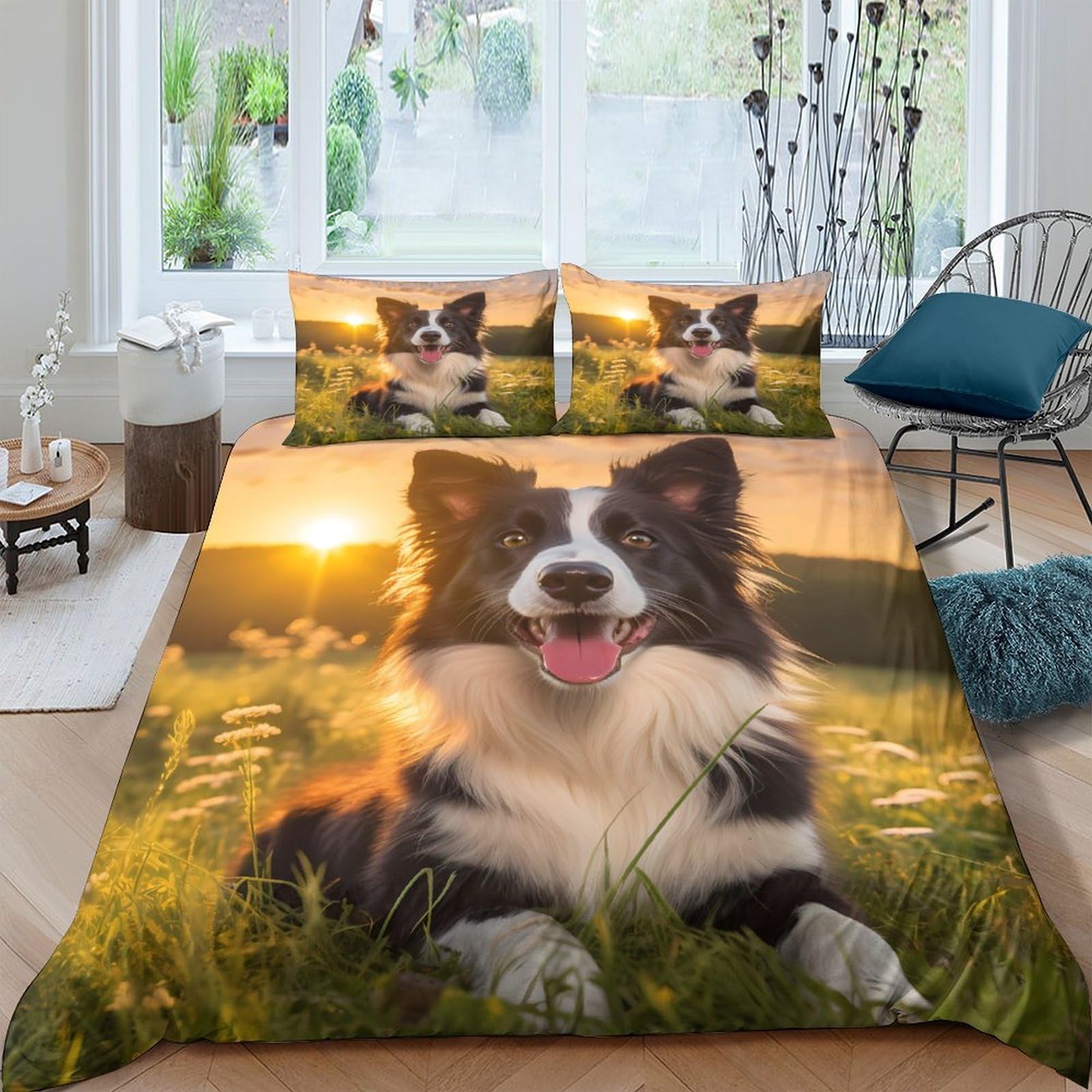 Ctjqhvkz Style-10 3D Printed Border Collie Sunset Fitted Sheet Microfiber Soft Bed Cover Anti-Slip Easy Care For Bedroom Guest Room Single（135X200cm）