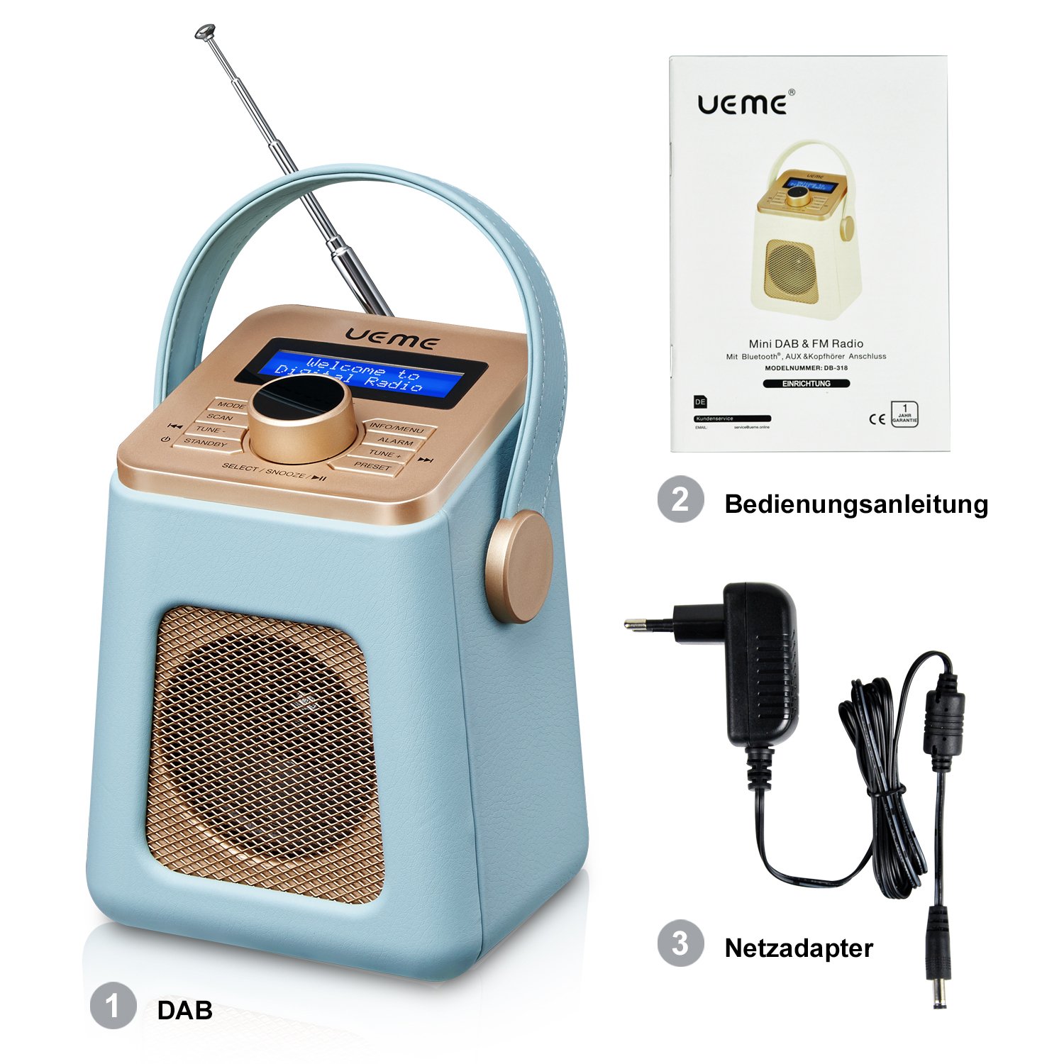 Mini DAB+ DAB Digitalradio und UKW Radio mit Bluetooth Lautsprecher, Radiowecker, und Leder Verkleiden (Blau)