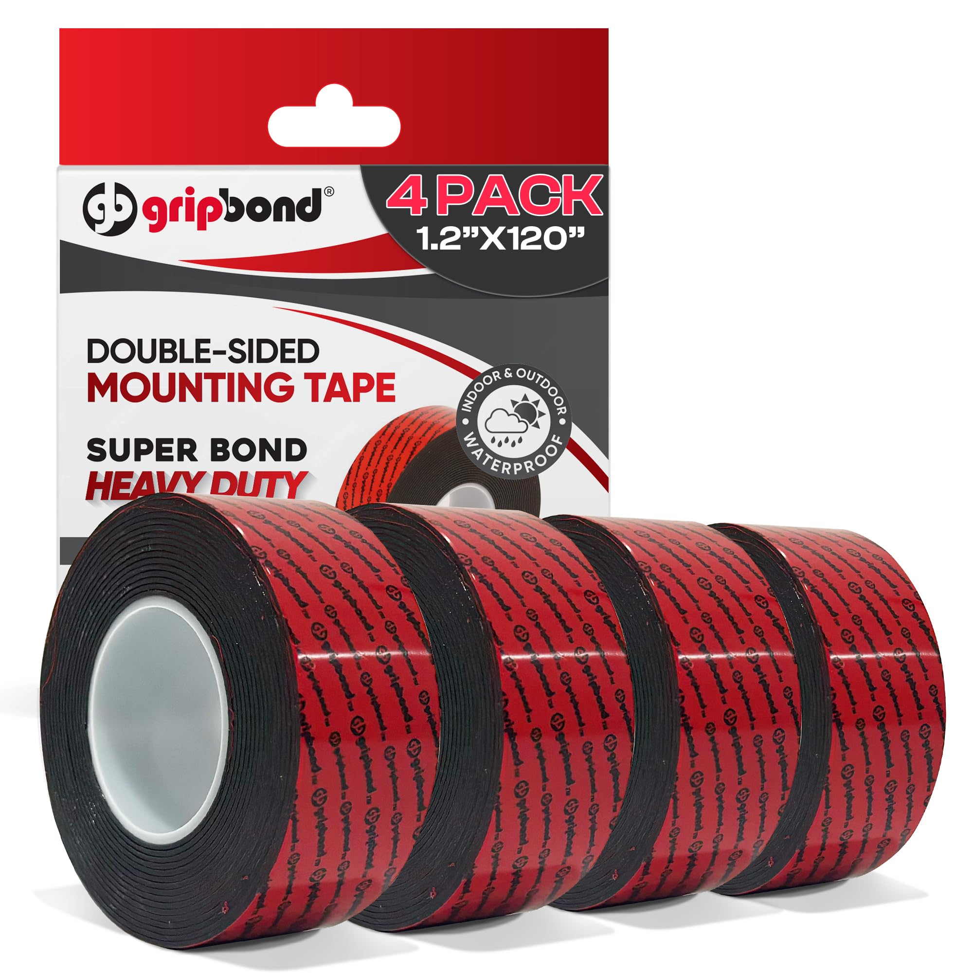 GripBond Black Super Bond Heavy Duty Double Sided Tape, 4 Rolls (10 Ft), 1.2” x 120” – Waterproof Adhesive Mounting Tape for Indoor/Outdoor, Walls,