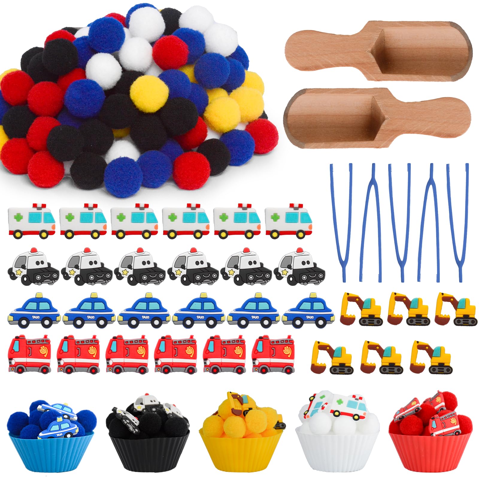 192pcs Back to School Cars Sensory Bin Filler Fine Motor Toys Transportation Toys Sensory Bin Items Toy Ambulance Fire Engine Police Car Excavator Taxi for Preschool Education Activities