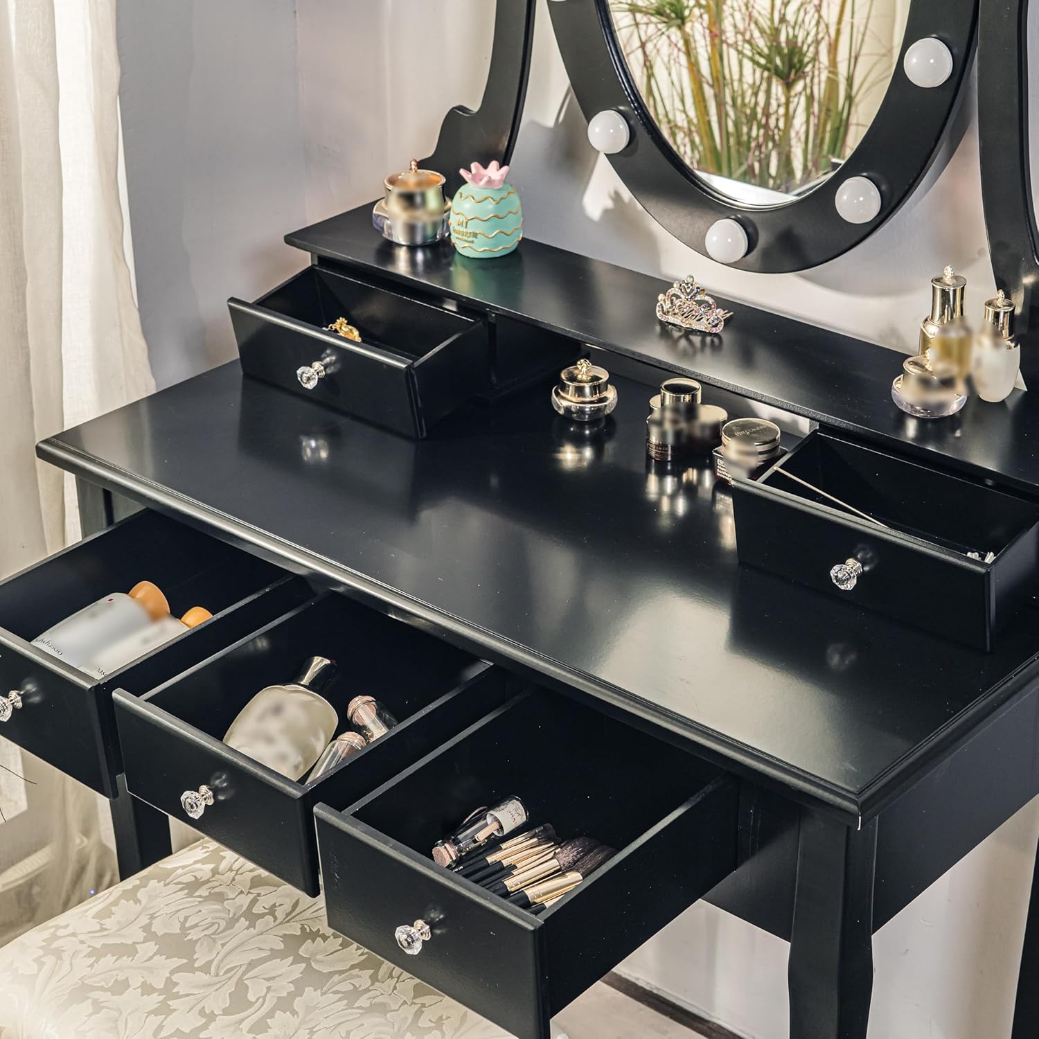Garvee Small Moder Makeup Vanity Desk with Mirror and Lights Girls Vanity Table Set with 5 Storage Drawer, Stool for Bedroom, Dressing Table for Kids Women, Bedroom
