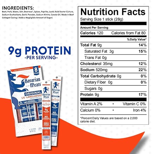 Miniatura 18 de Bavarian Meats Lil' Landjaeger - Palitos de carne, bocadillos de proteína de salchicha ahumada, cero azúcar, gran fuente de proteínas, sin gluten