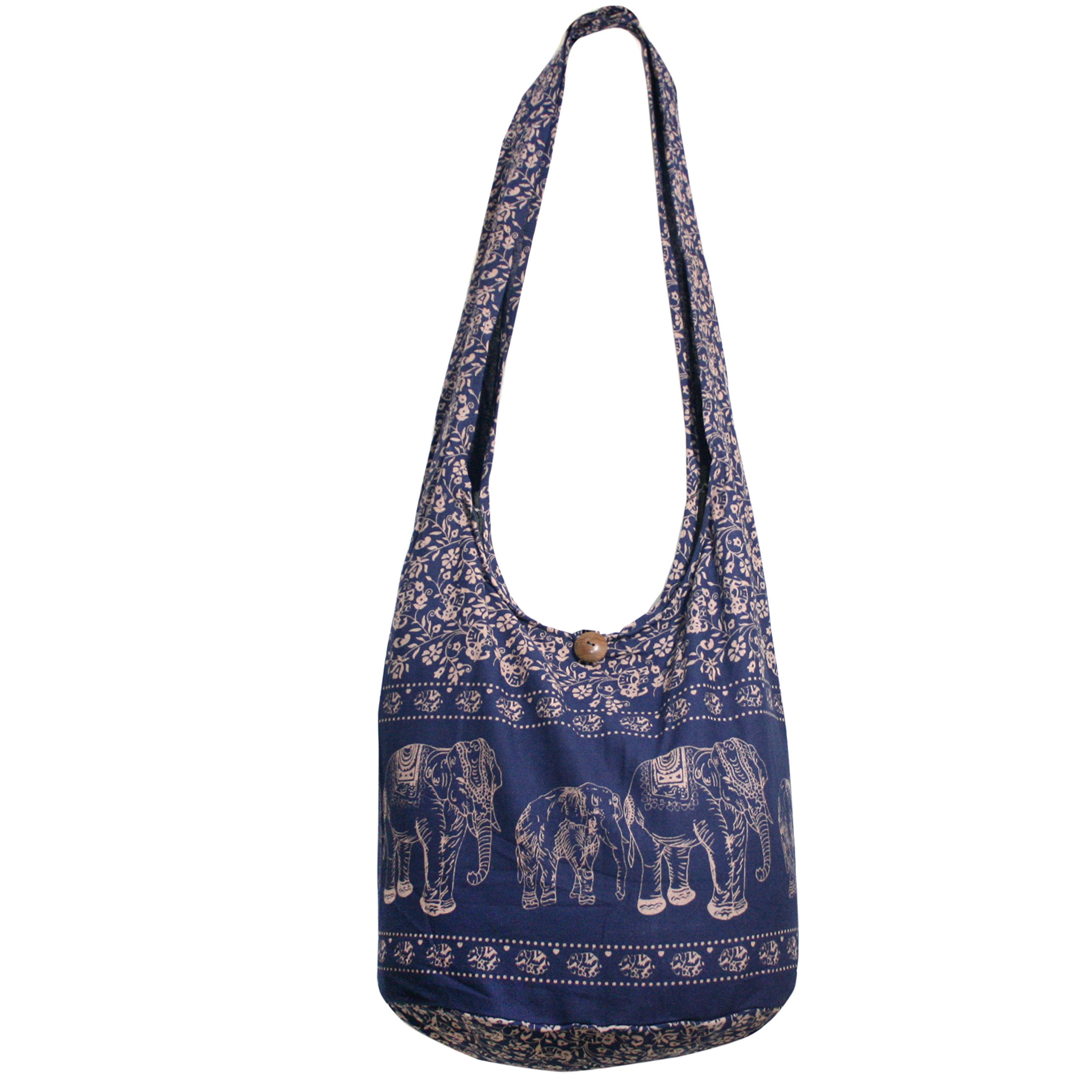 Thai Monk Buddha Cotton Elephant Sling Crossbody Messenger Bag Shlouder Purse Hippie Hobo Color Dark Blue