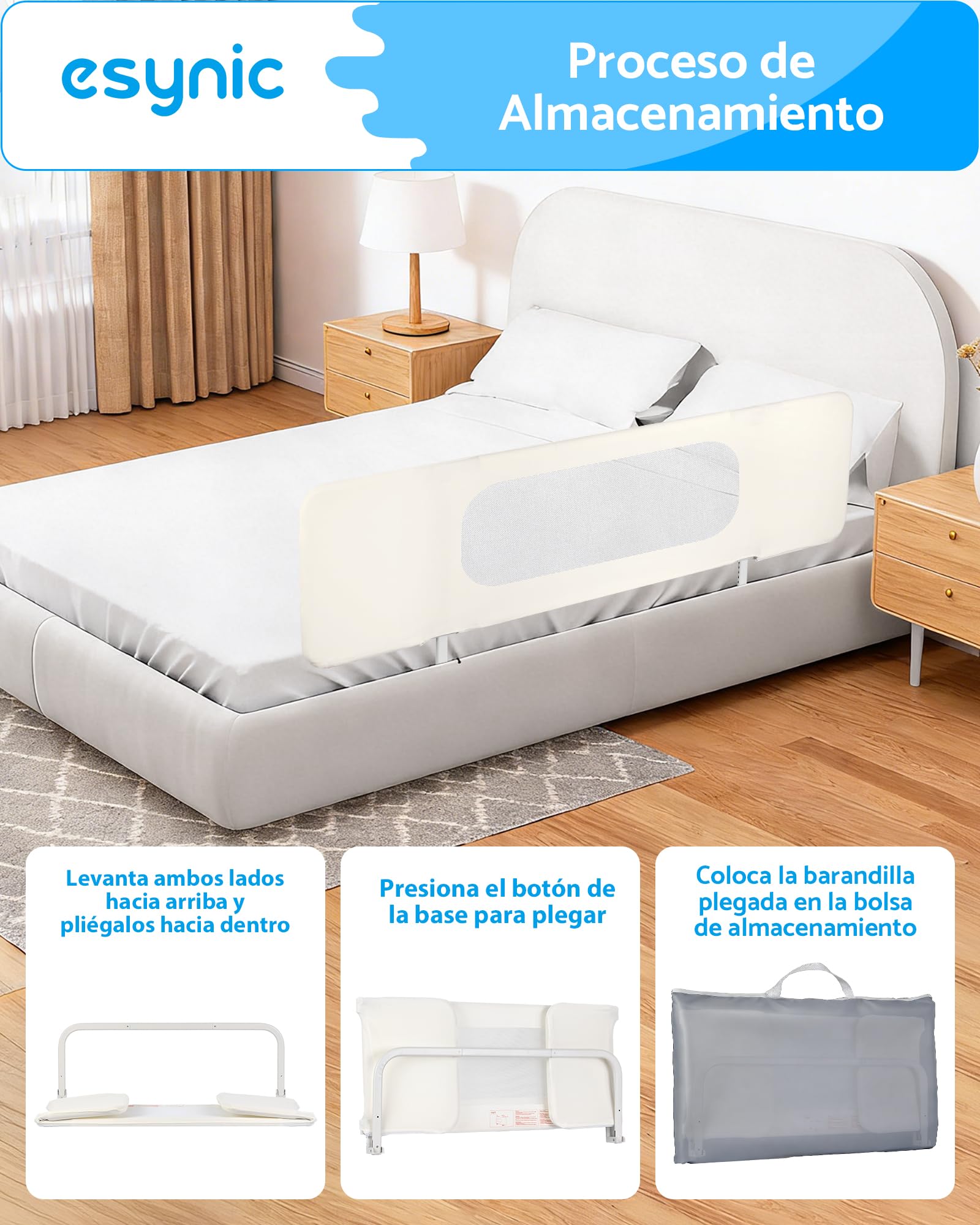 eSynic Barandilla Cama Infantil Plegable 150cm Ajustable en Altura Barrera de Cama para Niños y Bebés Protector de Seguridad Compatible con Camas Individuales Dobles y Grandes Ideal para Viaje y Hotel