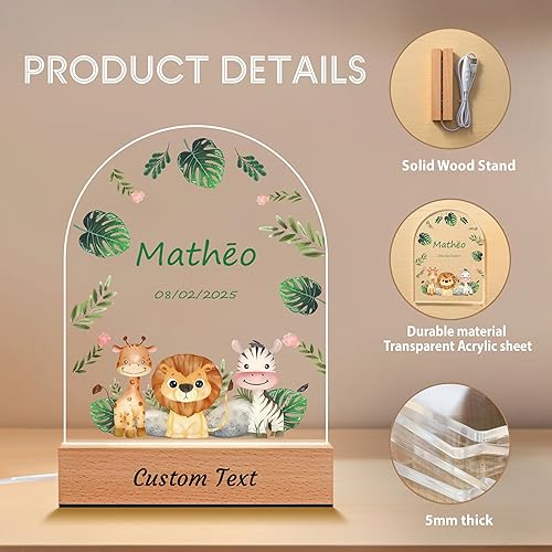 Miniatura 5 de Regalos personalizados para bebés para niños, animales de la selva de safari placa acrílica personalizada con nombre de luz nocturna, baby shower,