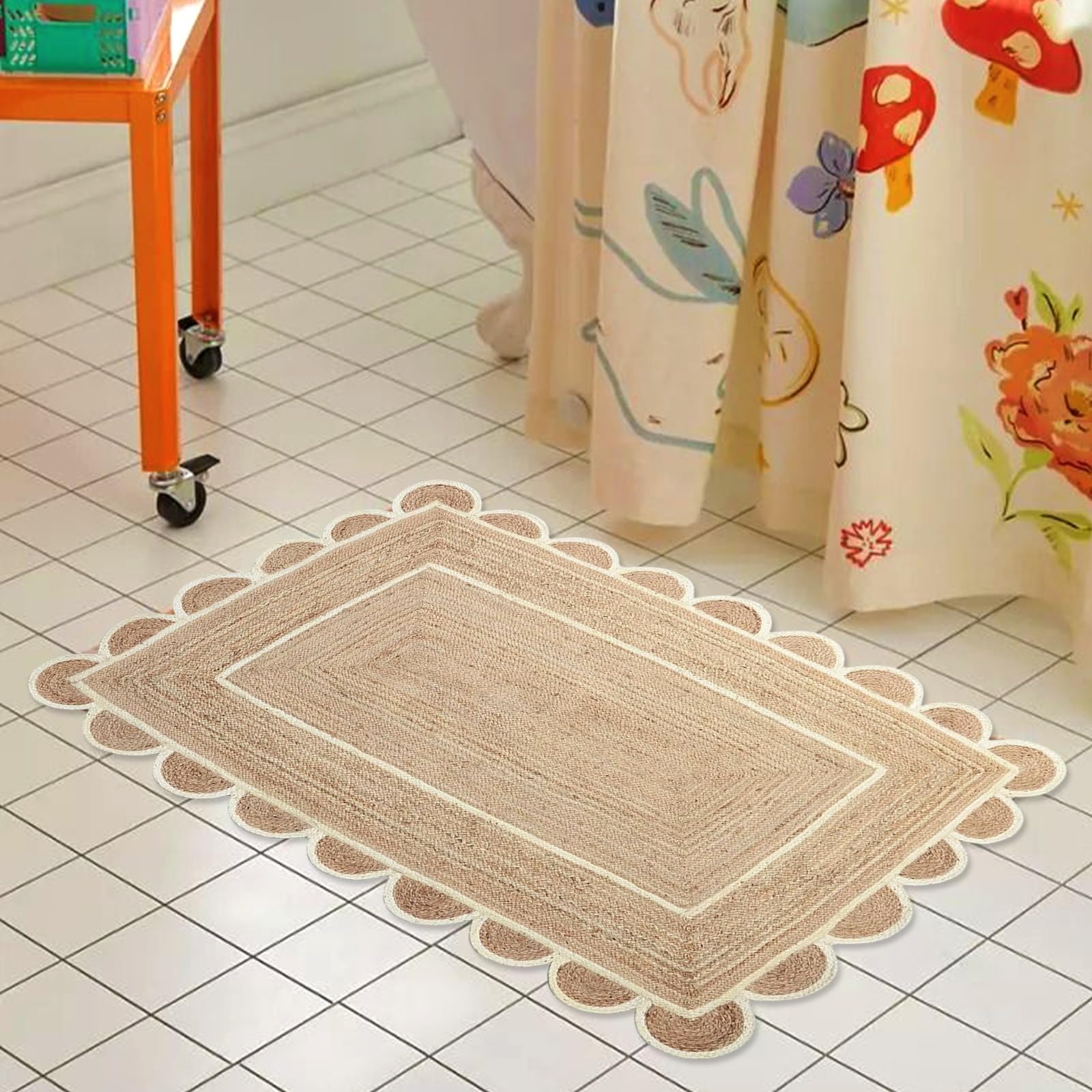 Tapis rectangulaire en jute fait main à motif festonné style bohème pour salon chaleureux