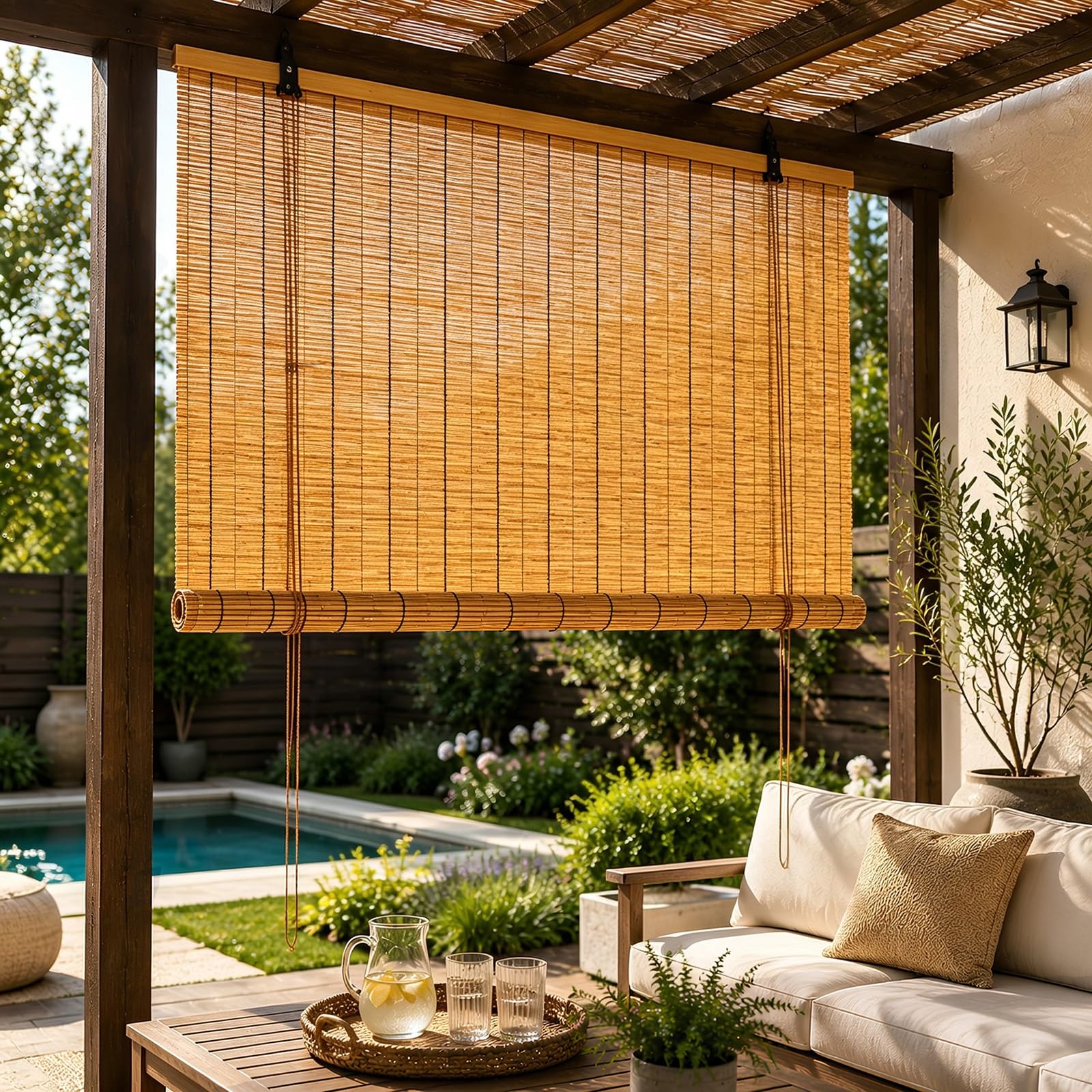 Bambusrollo Innen & Außen, Wetterfestes Aufrollrollo mit Sichtschutz und Lichtfilterung für Outdoor Terrasse, Pergola, Balkon, Pavillon und Garten(180Bx230Hcm)