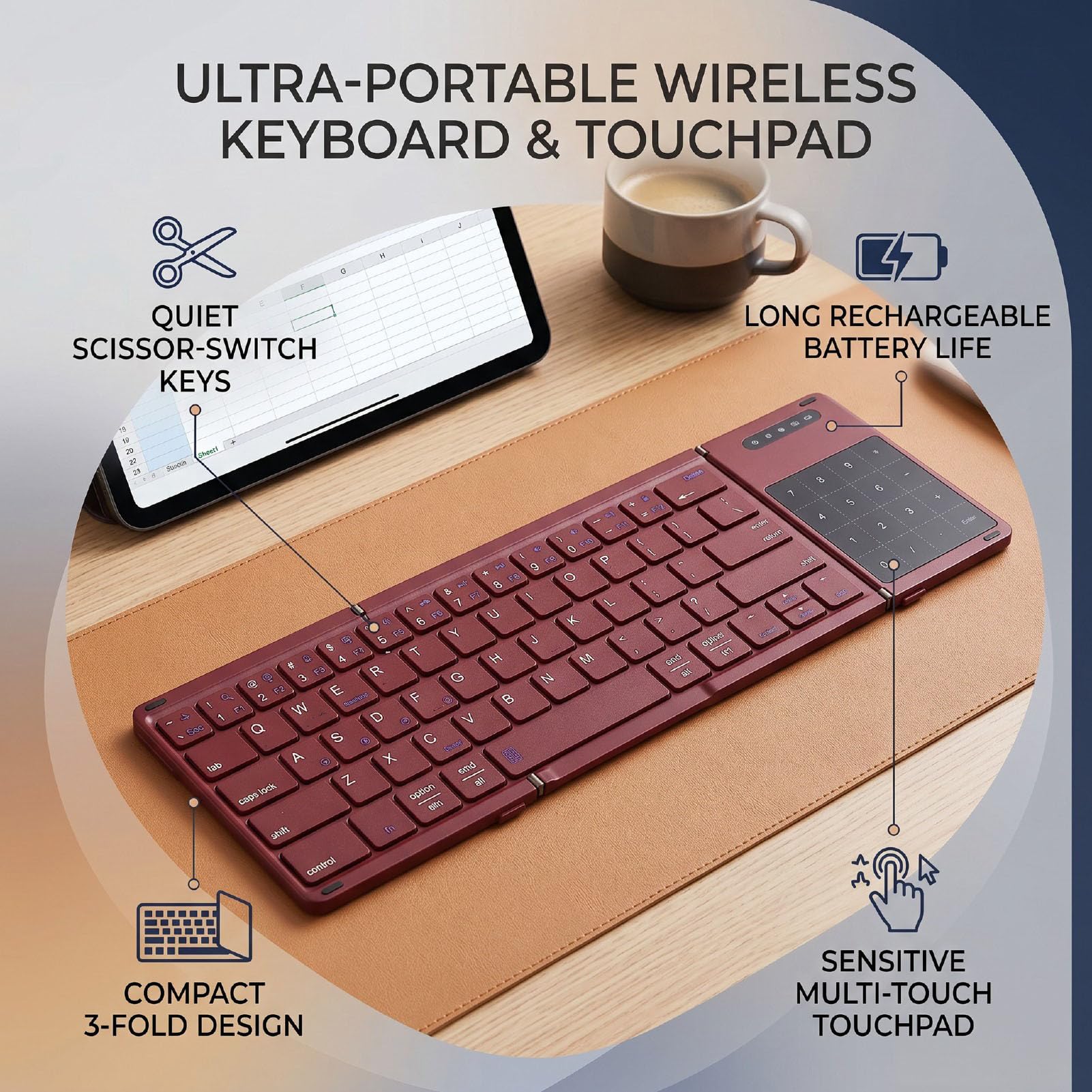 Tangxi Tastiera Bluetooth Pieghevole con Touchpad e Tastierino Numerico, Tastiera Wireless Portatile Dal Design a 3 Pieghe per Tablet Laptop (WINE RED)