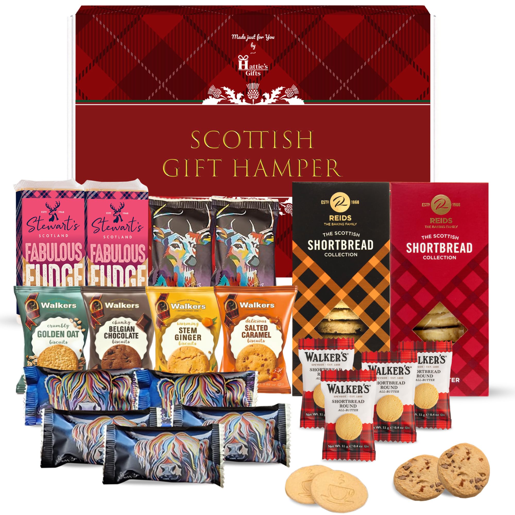 Hattie’s Gifts Scottish Gifts – Luxury Biscuits Gift Set with Individually Wrapped Shortbread & Scottish Fudge Bar – Valentine’s Day Sweet Treats Hamper for Women and Men