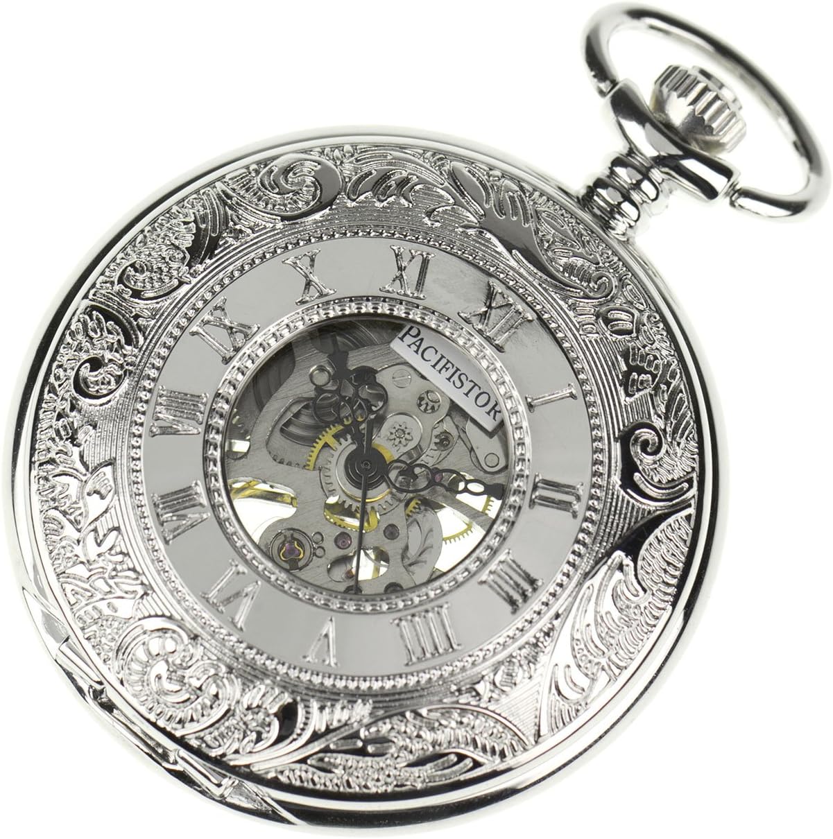 PACIFISTOR Steampunk Silver Hands Scale Mechanical Skeleton Pocket Watch Hand Wind
