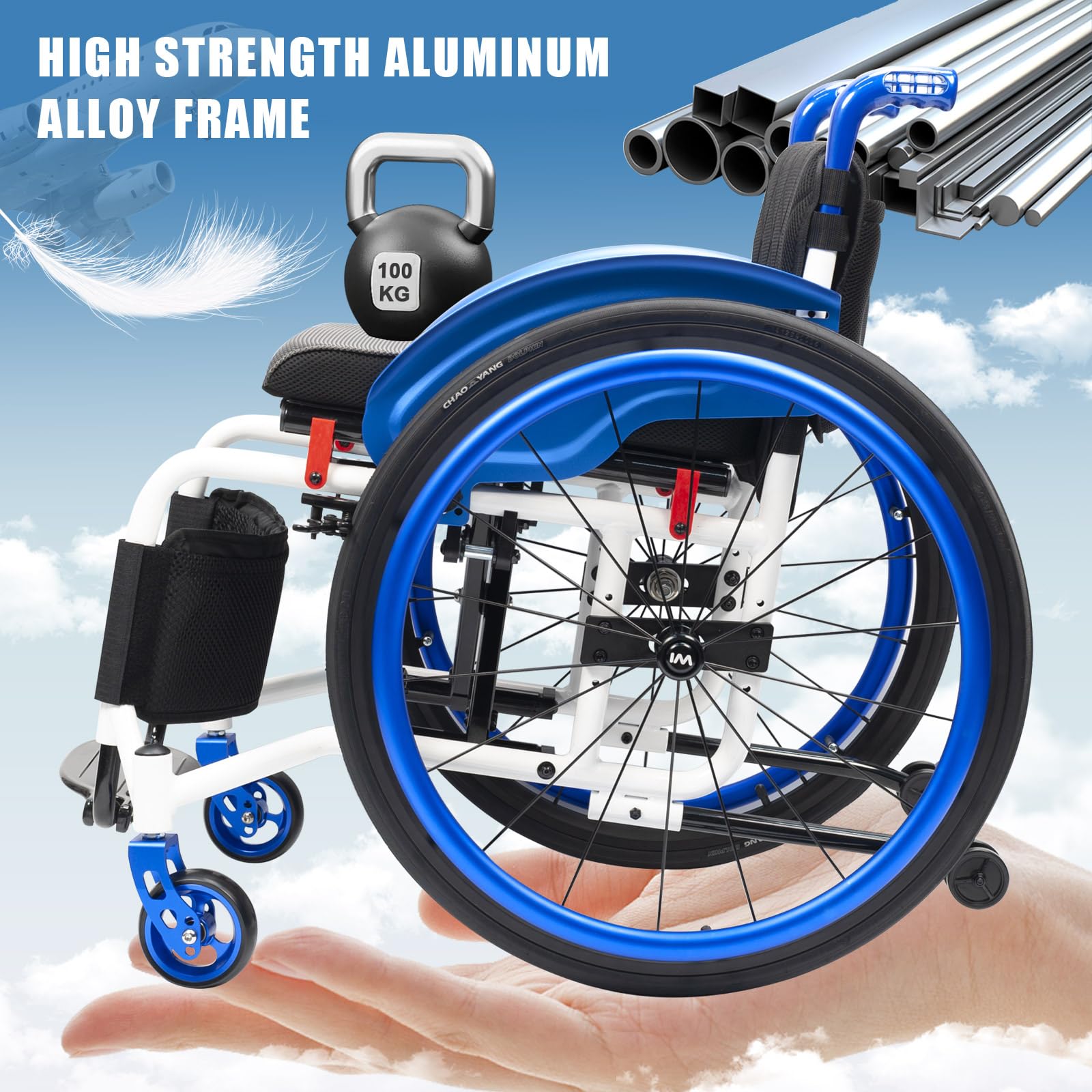 Sedia a rotelle Sportiva, Sedia a rotelle ergonomica Pieghevole per Il Trasporto, Lega di Alluminio Leggera, Ruote Posteriori a sgancio rapido, Design Portatile e Compatto