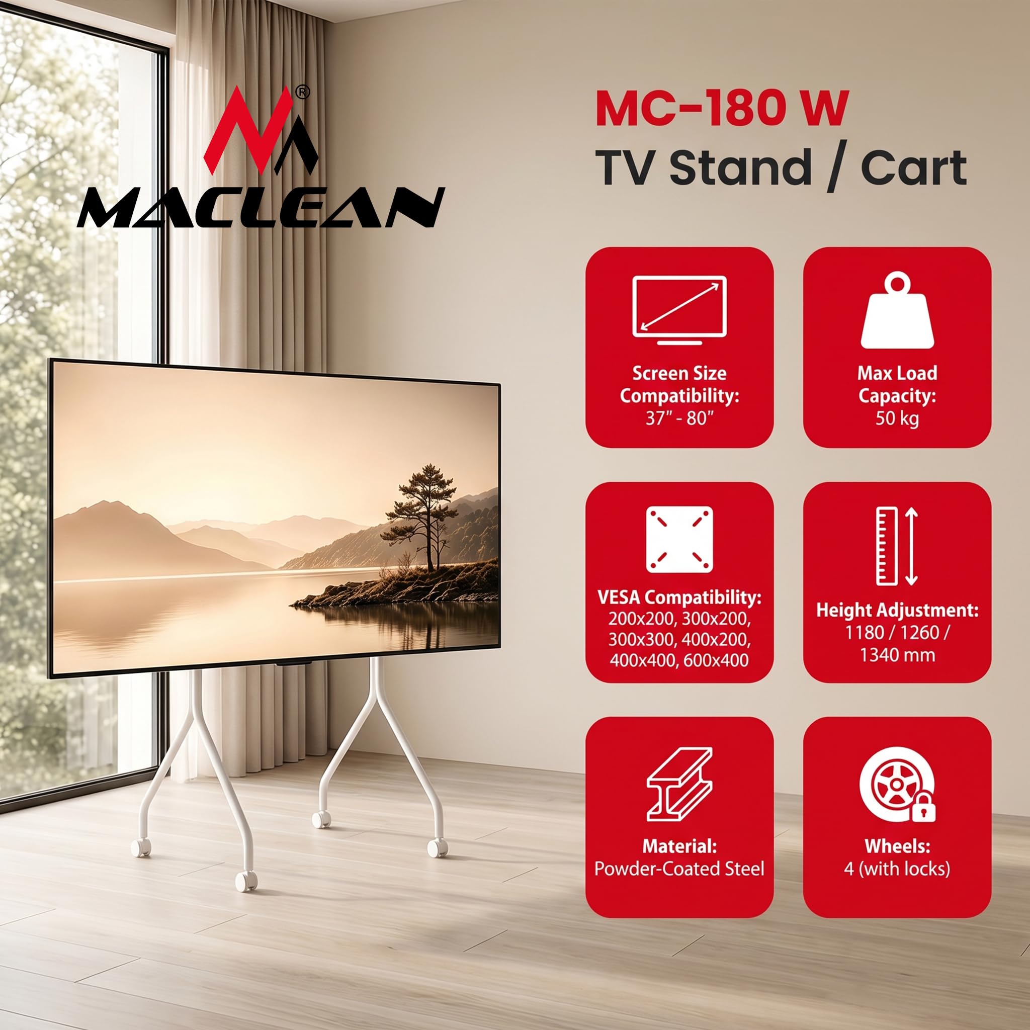 Soporte para TV con Ruedas Maclean, de 37 a 80 Pulgadas, VESA 600x400 (Blanco)