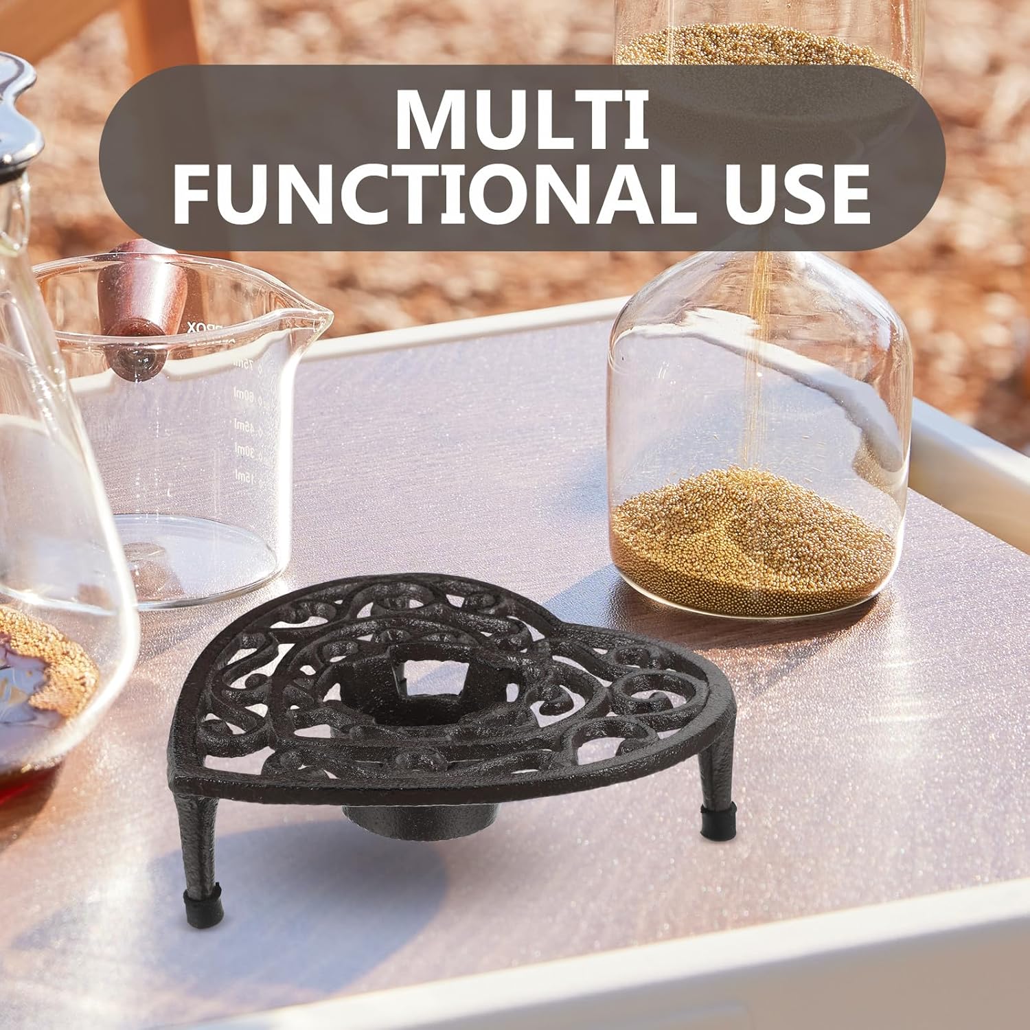 NUOBESTY Cast Iron Tea Warmer Tripod Stand Heart-Shaped Teapot Heater with Tealight Candle Holder Vintage Metal Cauldron Holder for Coffee, Tea, and Hot Food Heating at Home Or Party