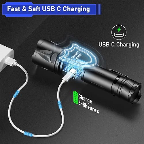 Miniatura 4 de JAY-PARK Linterna de alto lumen, 100000 lúmenes, recargable de 5000 mAh con pantalla LCD, haz largo con zoom (9,842.5 ft), IP67 impermeable, 5 modos