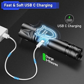 JAY-PARK High Lumen Flashlight 100000 Lumen Rechargeable 5000mAh Battery | LCD Display, Zoom Long Beam (3000m), IP67 Waterproof, 5 Modes & Belt Clip - for Camping, Dog Walking, Adventure, Everyday Use