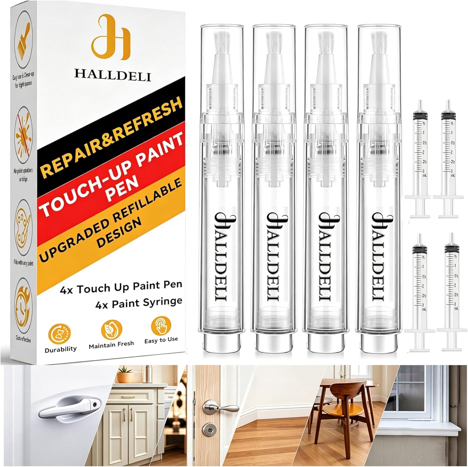 Fillable Touch Up Paint Pen Brush, 6 Pack User-Friendly Refillable Paint Pens, Multiple Applications Touch-Up Paint Brushes for Walls, Wood, Floor, Cabinets, Doors and Windows(12 Pcs Kit)
