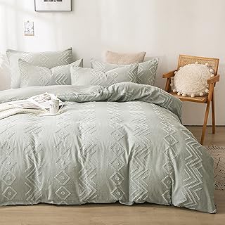 Boho Comforter Set Queen, Shabby Chic Bedding Comforter Set with Tufted Cationic Dyeing Design, 3 Pieces Lightweight Soft Microfiber Bedding Set for All Seasons 90"x90", Greyish Green