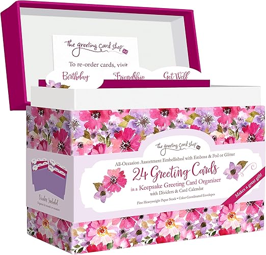 Designer Greetings All Occasion Greeting Card Assortment (24 Cards with Envelopes in a Keepsake, Floral Organizer Box) – Birthday, Thank You, New Baby, Anniversary, Sympathy, Get Well, Blank