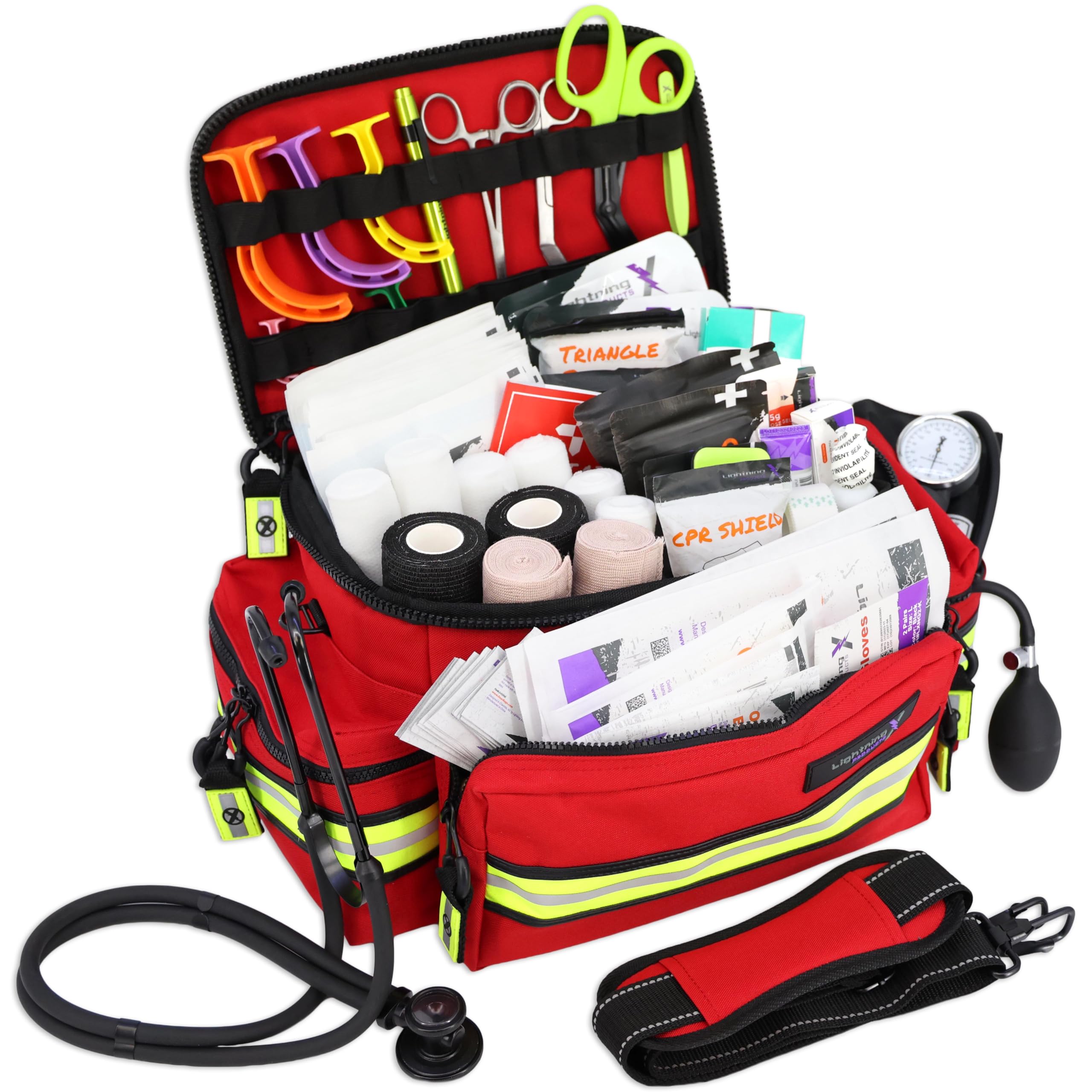 Lightning X Mid-Sized First Responder EMT Bag | LXMB25 | Fully Stocked w/ 240+ First Aid, EMS & Trauma Supplies - RED