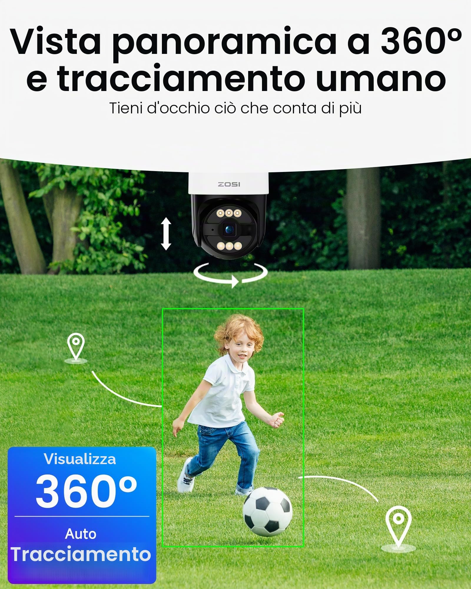 ZOSI AuroraLux 5MP Telecamera di Sorveglianza WiFi Senza Fili, Telecamera PT Vista a 360°, Rilevamento di Persona e Veicolo, Allarme Intelligente e Audio Bidirezionale, C296