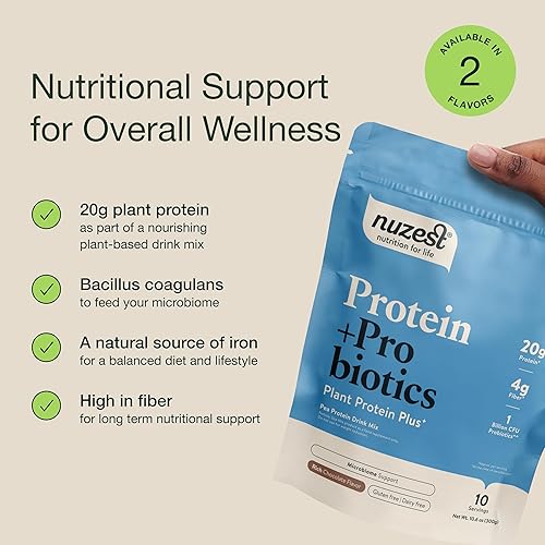Miniatura 4 de Nuzest - Proteína + probióticos - Salud intestinal - Mezcla de proteínas vegetales en polvo superalimento - Bolsa de 10.6 onzas (10 porciones)
