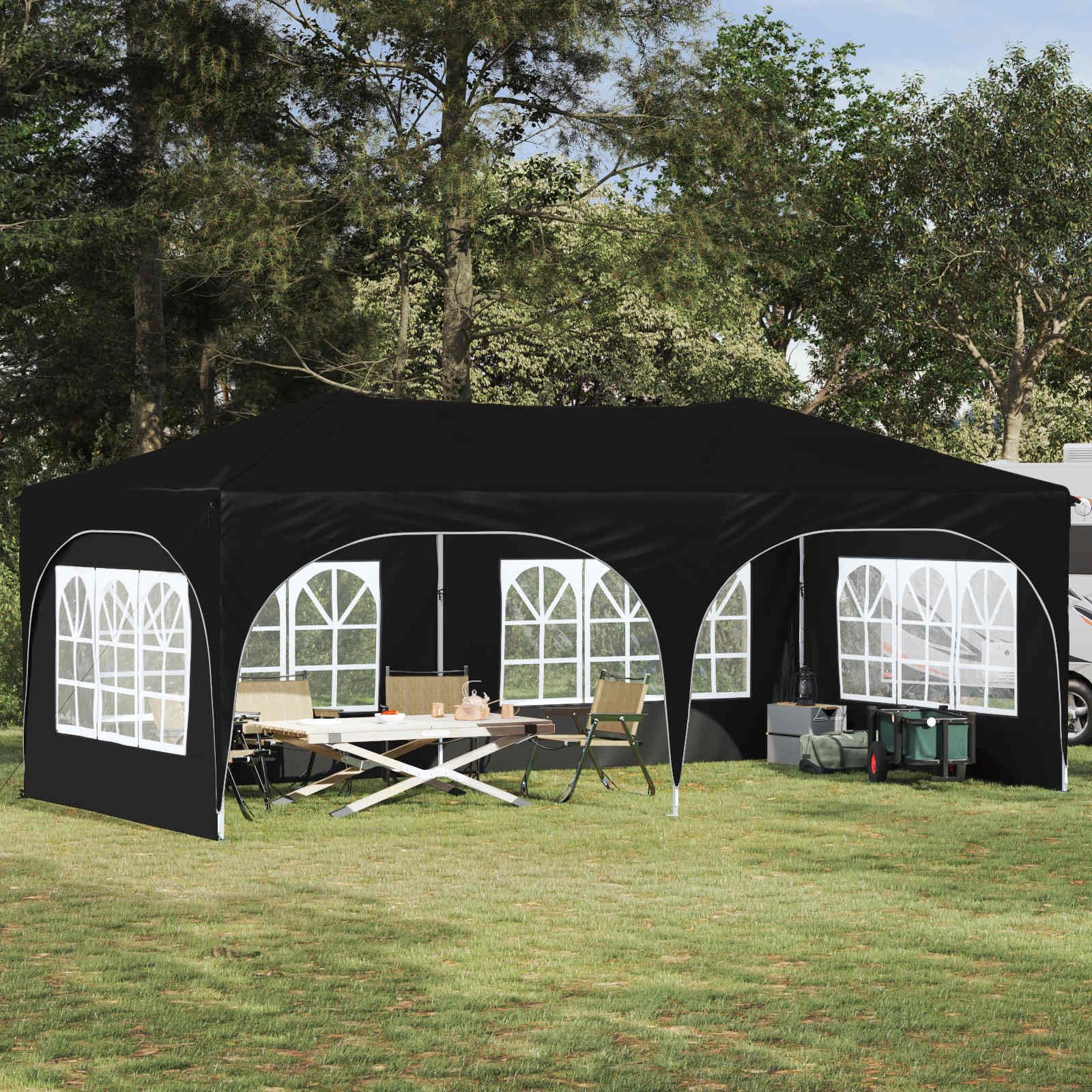 Namiot imprezowy Pop-up z wytrzymałego materiału Oxford, 575 x 288 x 245 cm, czarny, składany i składany, z ochroną UV i wodą, stabilny namiot ogrodowy do użytku na zewnątrz, na kemping i