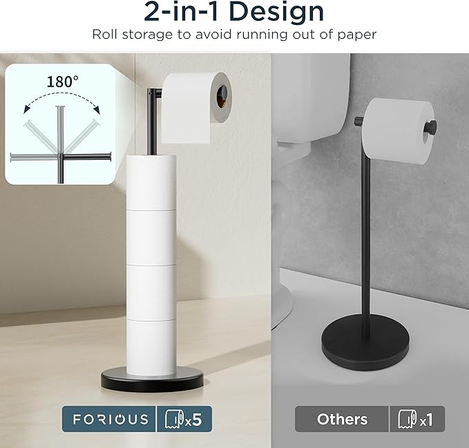 FORIOUS Toilet Paper Holder Stand, Modern Freestanding Tissue Roll Holder for Bathroom, Durable SUS 304 Stainless Steel and Weighted Base Toilet Paper Stand, Storage for 4 Rolls, Matte Black