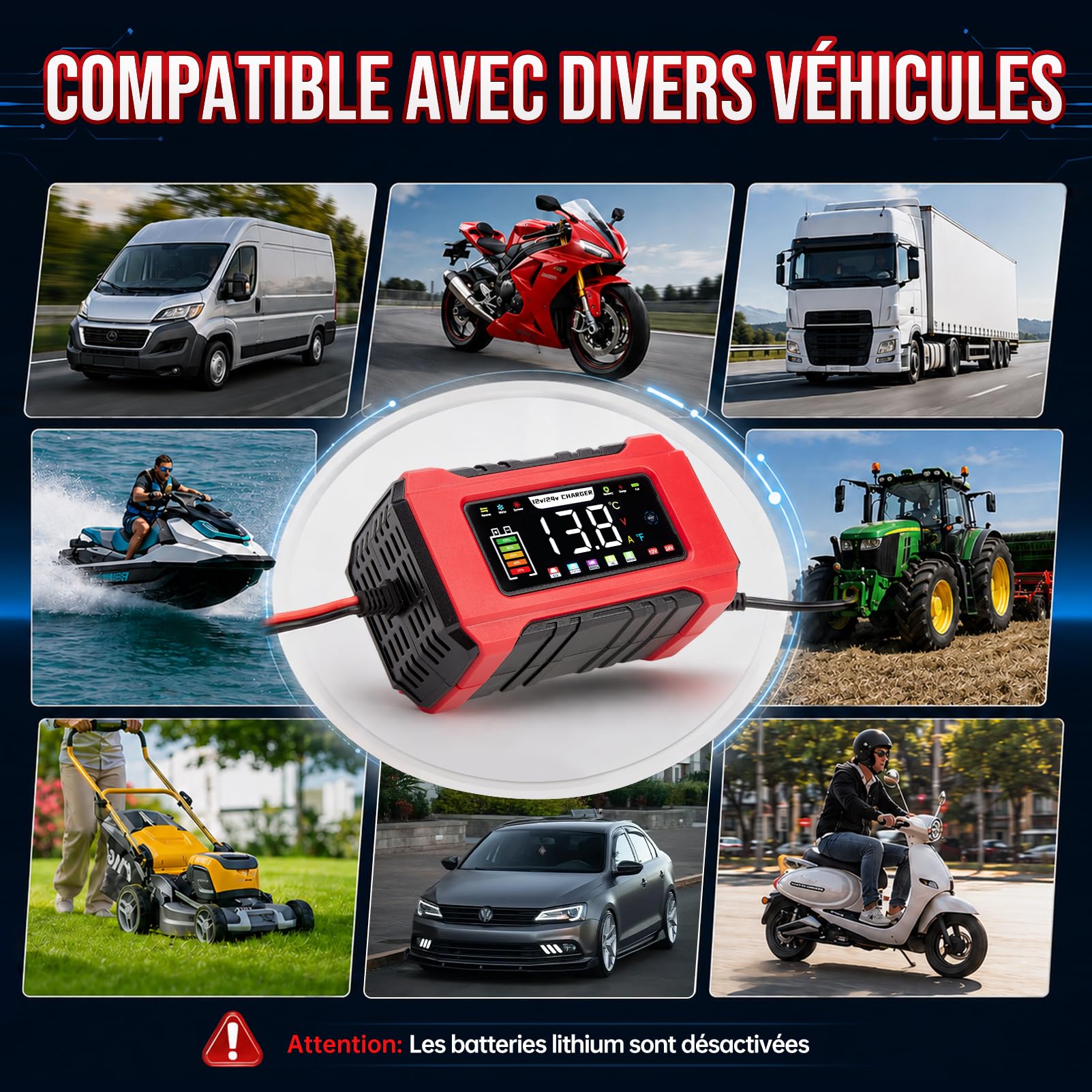 HAUSPROFI Carica Batteria per Auto 12V 15A/24V 8A Intelligente Mantenitore | Ricarica Rapida, 9 Protezioni, Riparazione, Caricabatterie Auto per Barche SUV Moto Litio, LiFePo4, Piombo Acido, Schermo LCD