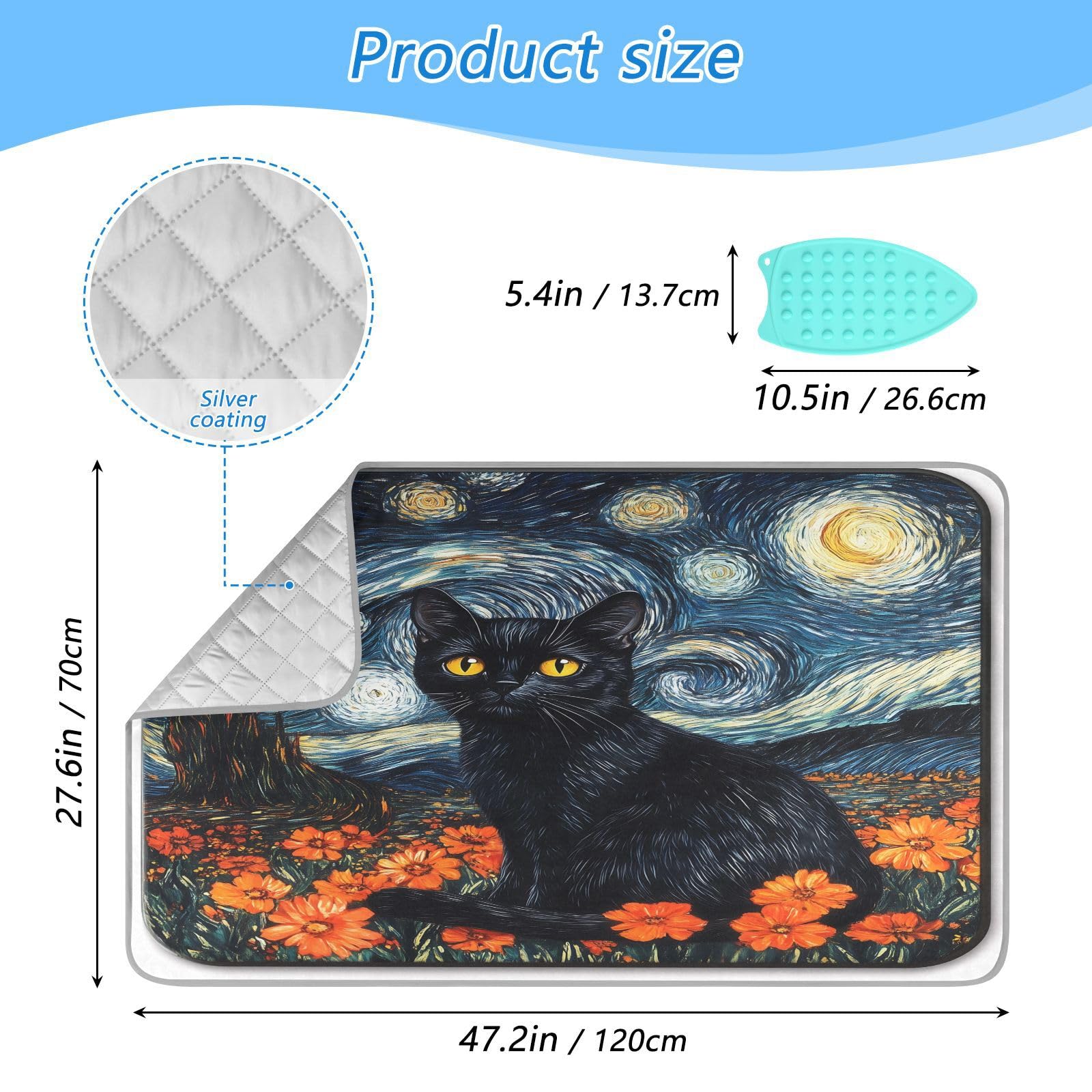 pnyoin Portable Ironing Mat Little Black Meow Cat Travel Ironing Pad with Silicone Iron Rest for Steam Pressing on Tabletop or Bed Heat Resistant Portable Quilting & Travel Blanket