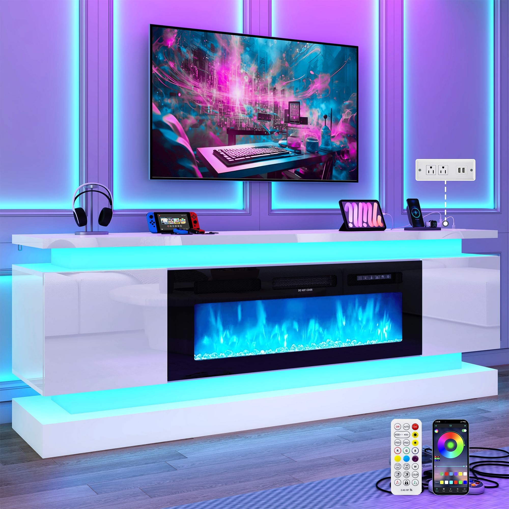 chartustriable 71IN LED TV Stands w/40 inch Fireplace Power Outlet for 85/80/75 Inch TVs,High Glossy Modern TV Media Console Gaming with 2 Storage Cabinets,Dual LED Lights,White