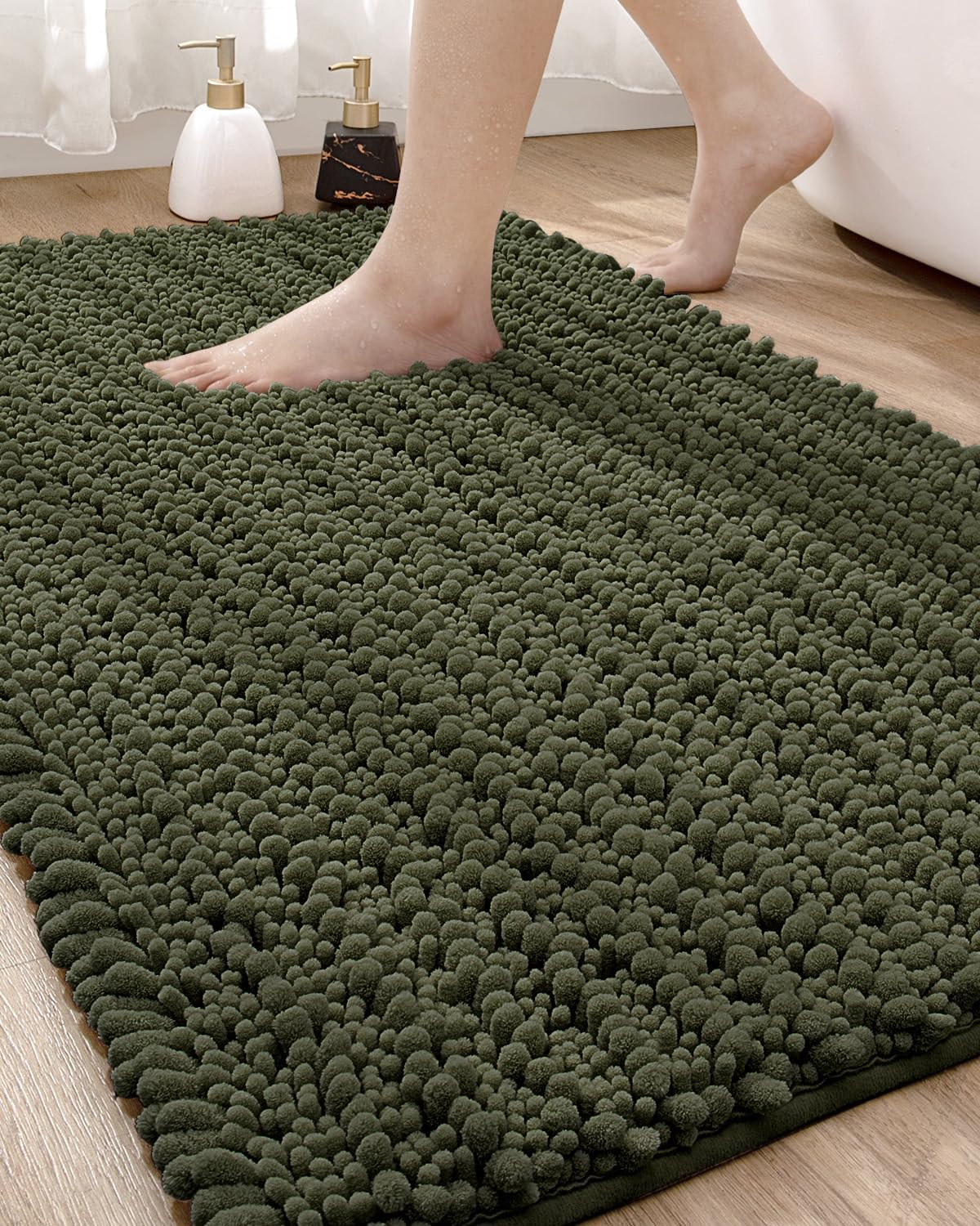 DEXI Bathroom Rug 24x43, Super Soft Thick Chenille Absorbent Bath Mat, Non Slip Machine Washable Fluffy Shag Bathmat for Tub, Shower Floor, Olive Green