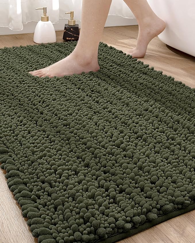 DEXI Badematte, saugfähig, weich, dick, Chenille-Bodenmatte, rutschfest, maschinenwaschbar, zotteliger Badteppich für Badewanne, Duschraum, Badezimmerzubehör, Dekor, 61 x 109 cm, Olivgrün