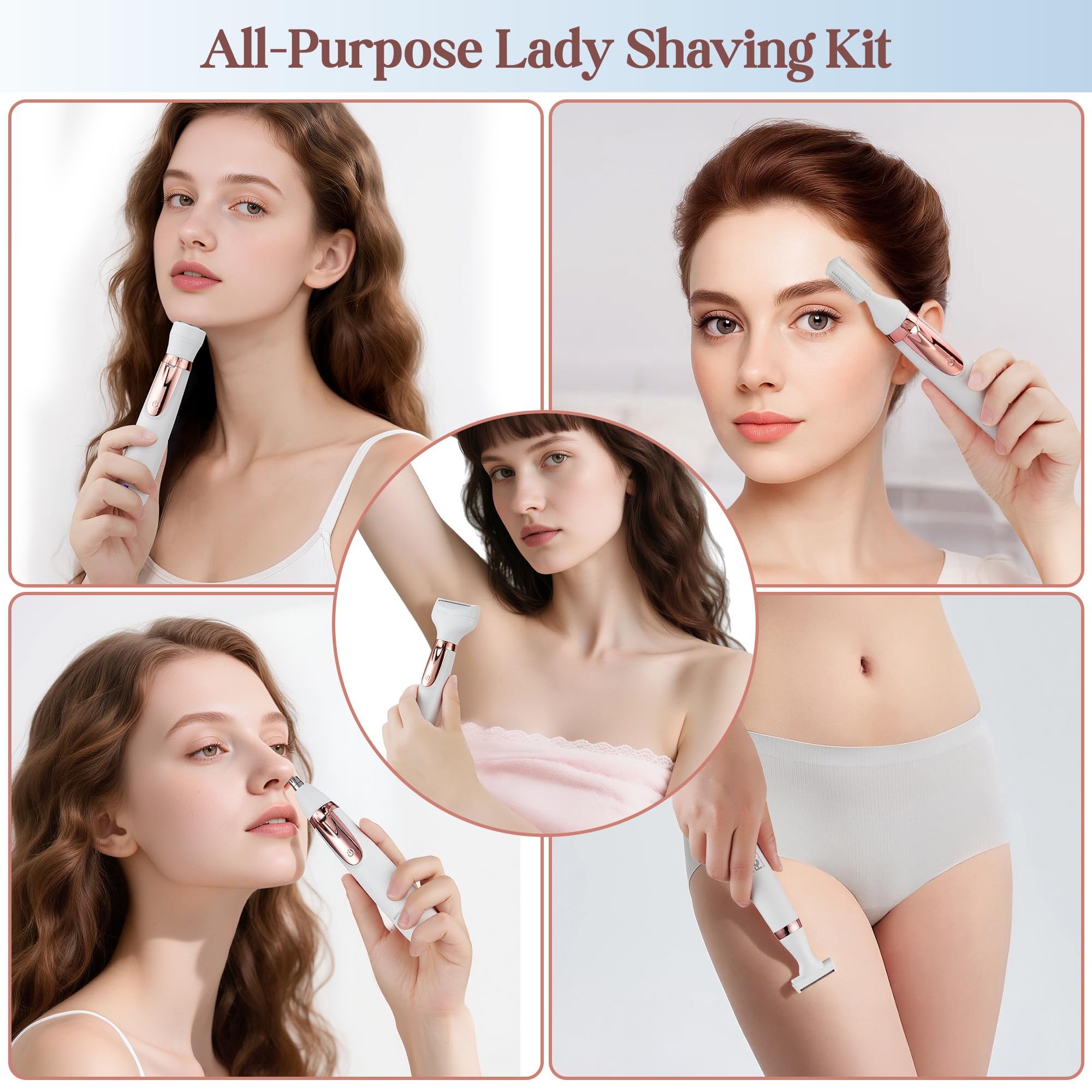 BarberBoss Rasoio elettrico donna 5 in 1, Kit epilazione ricaricabile, Rasoio per donna per corpo, bikini, viso, naso e sopracciglia, Rasoi donna senza fili Wet & Dry, Epilatore per viso, QR-8005